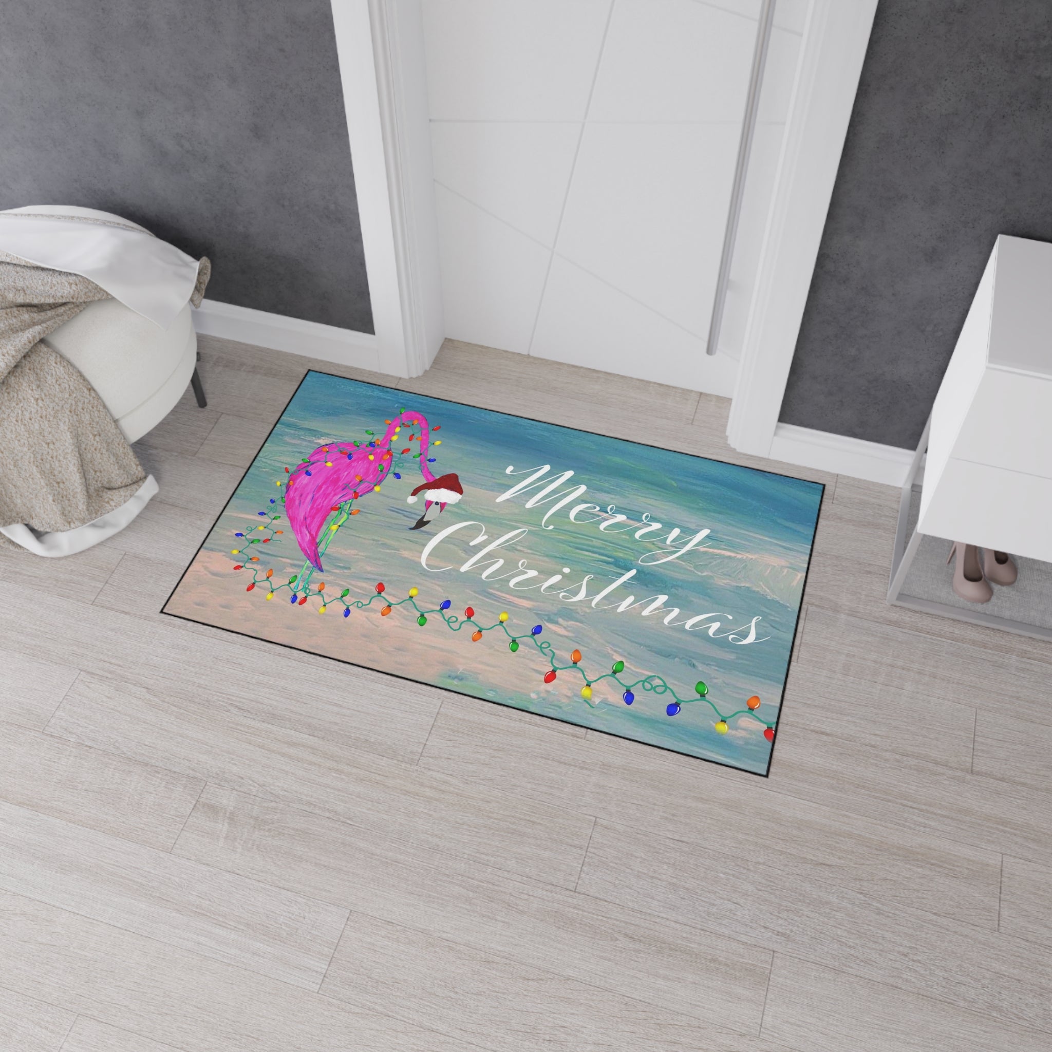 Christmas Flamingo Heavy-Duty Floor Mat — 'Merry Christmas' Holiday Doormat