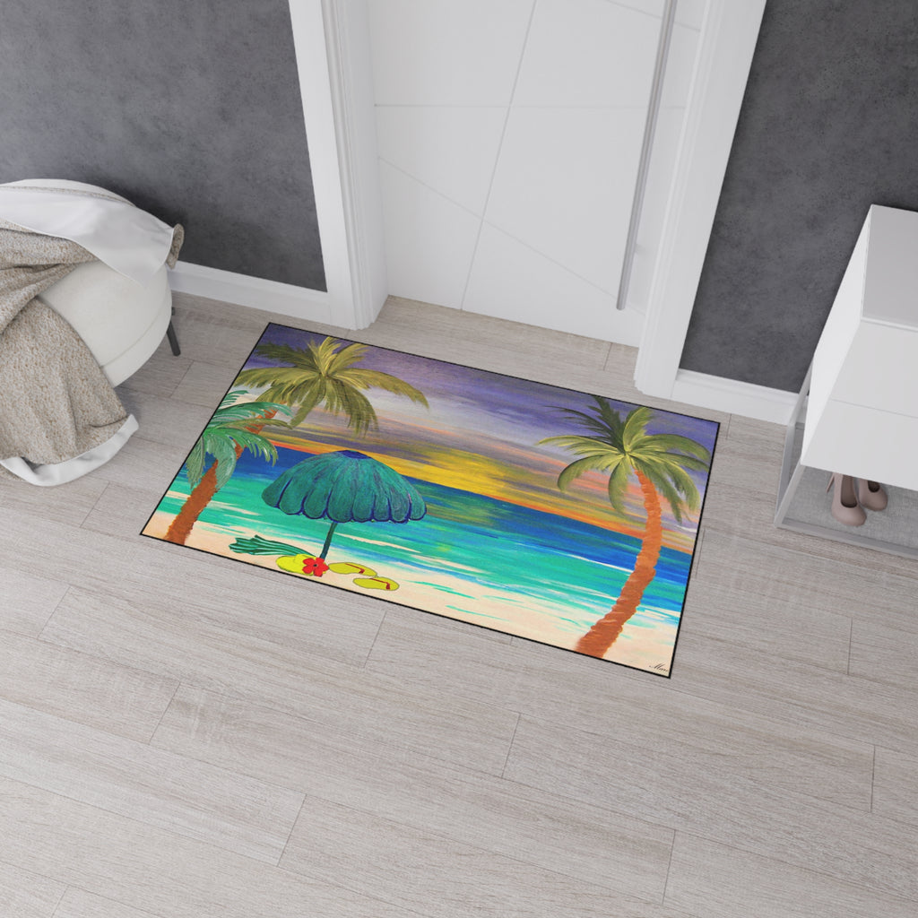 Tropical Sunset Beach Floor Mat — Palm Trees & Umbrella Seaside Doormat