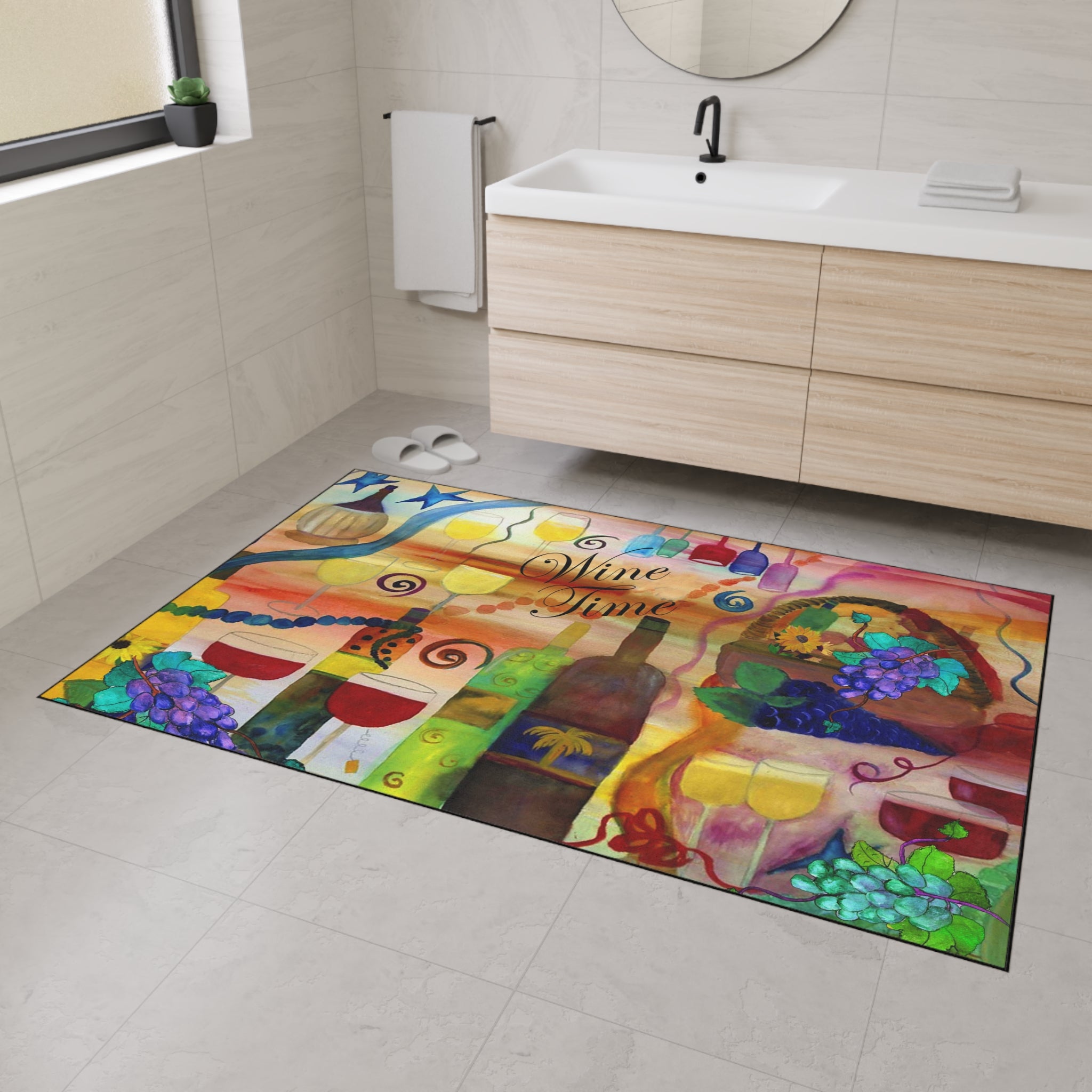 Wine Time Heavy Duty Floor Mat — Colorful Wine Bottle & Glass Kitchen Rug
