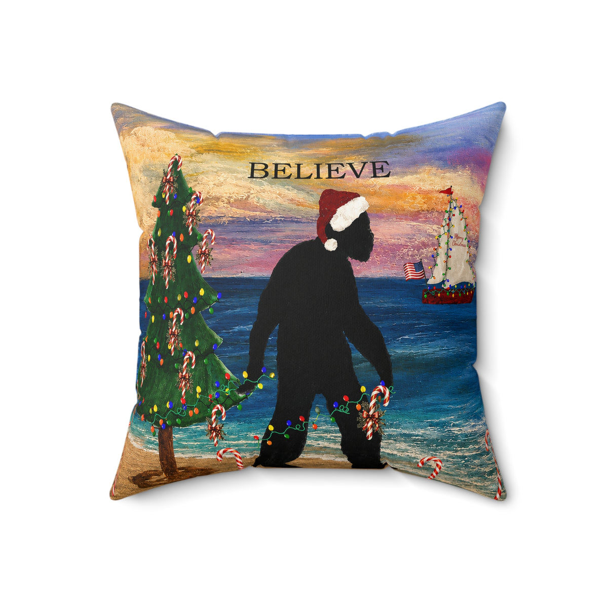 Believe Bigfoot Funny Nautical Holiday Christmas Throw Pillow