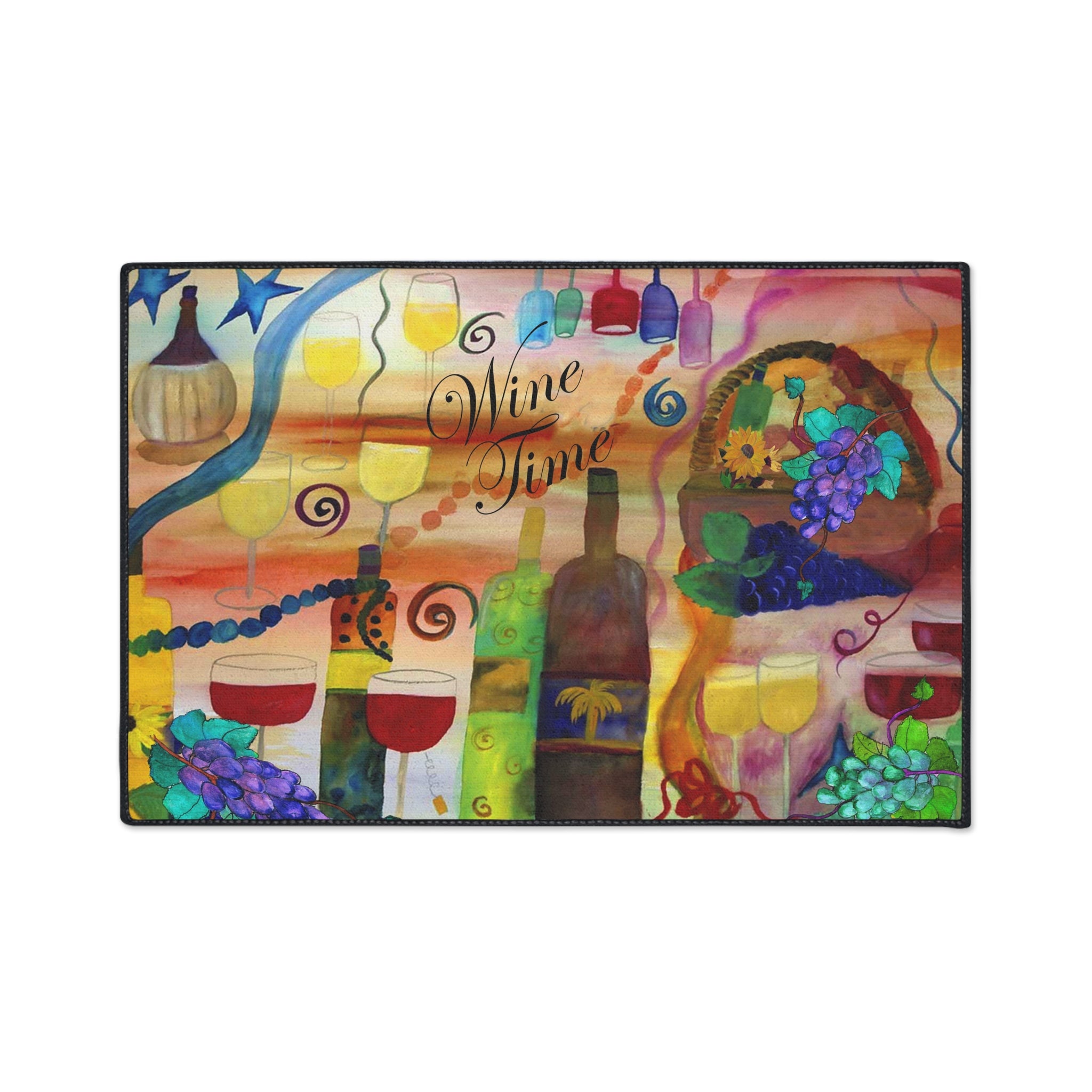 Wine Time Heavy Duty Floor Mat — Colorful Wine Bottle & Glass Kitchen Rug