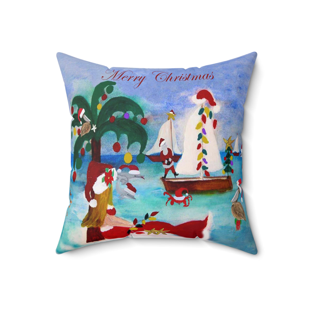 Christmas Coastal Pillow — 'Merry Christmas' Tropical Santa Decorative Throw Pillow