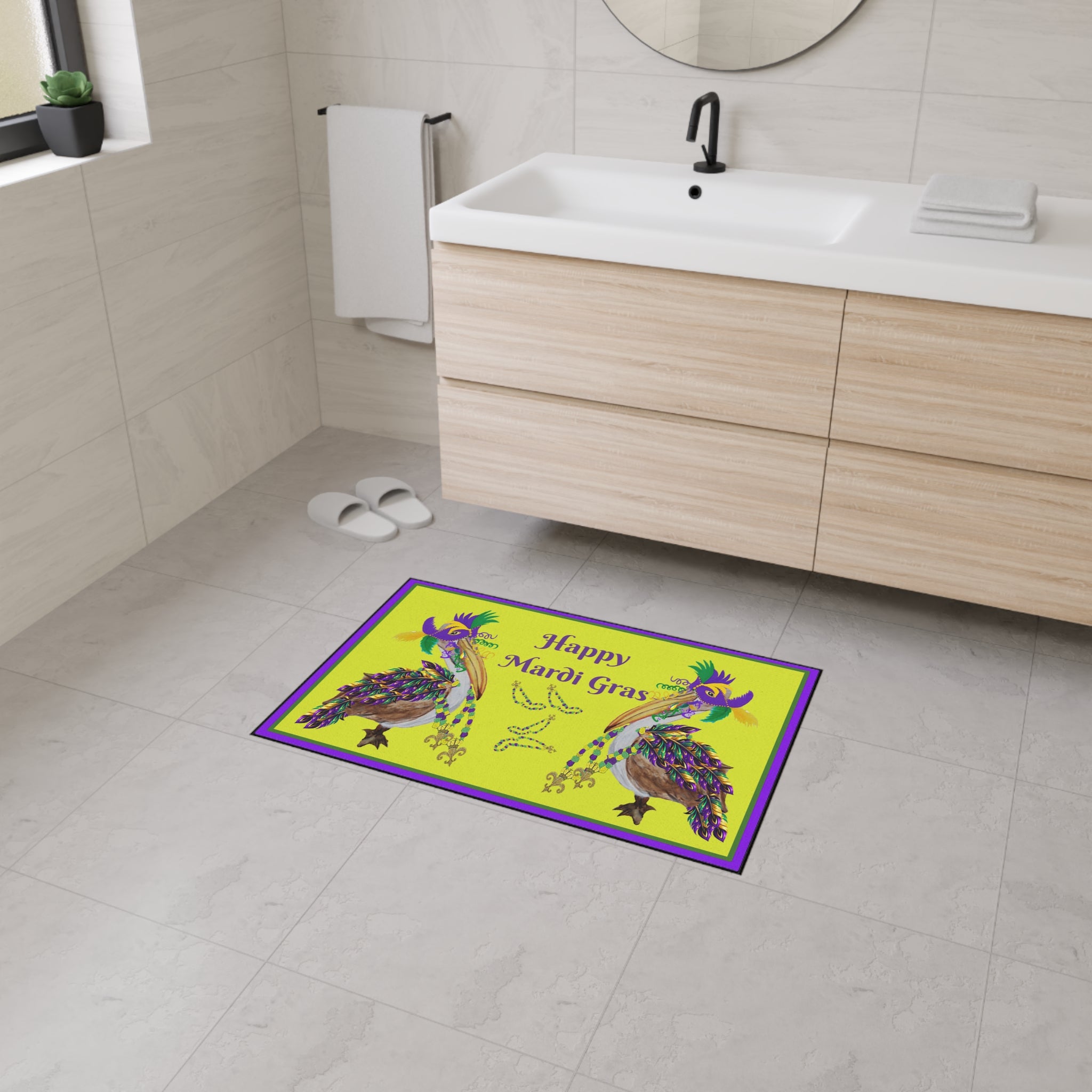 Pelican Mardi Gras adorned in beach home decor Heavy Duty Floor Mat rug
