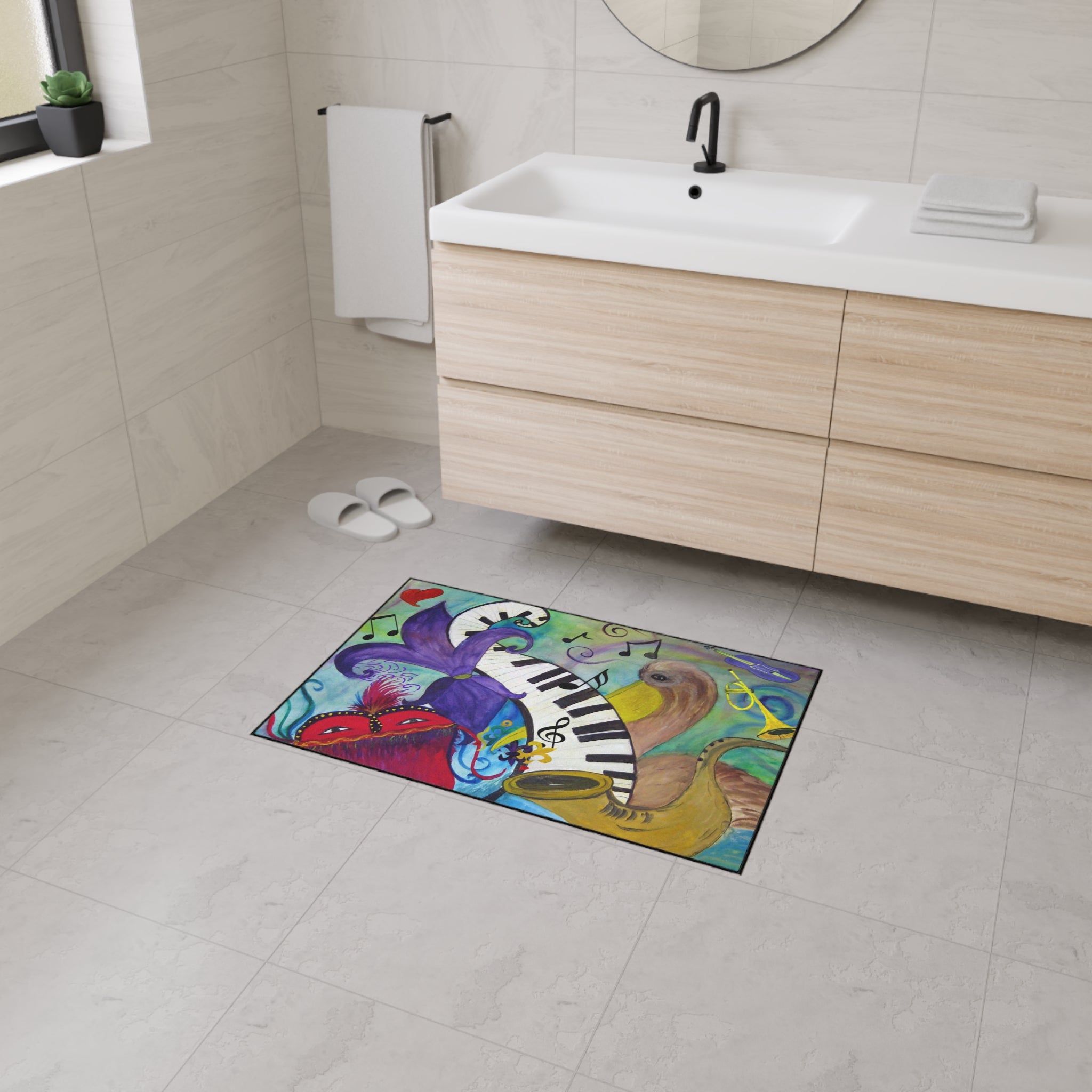 Mardi Gras Jazz Floor Mat — Colorful Musical Mask & Saxophone Doormat