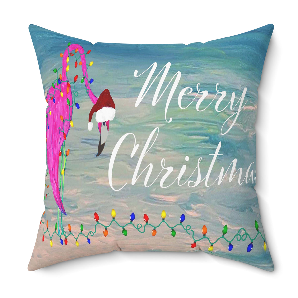 Tropical flamingo and Holiday lights clearwater beach Spun Polyester Square Pillow