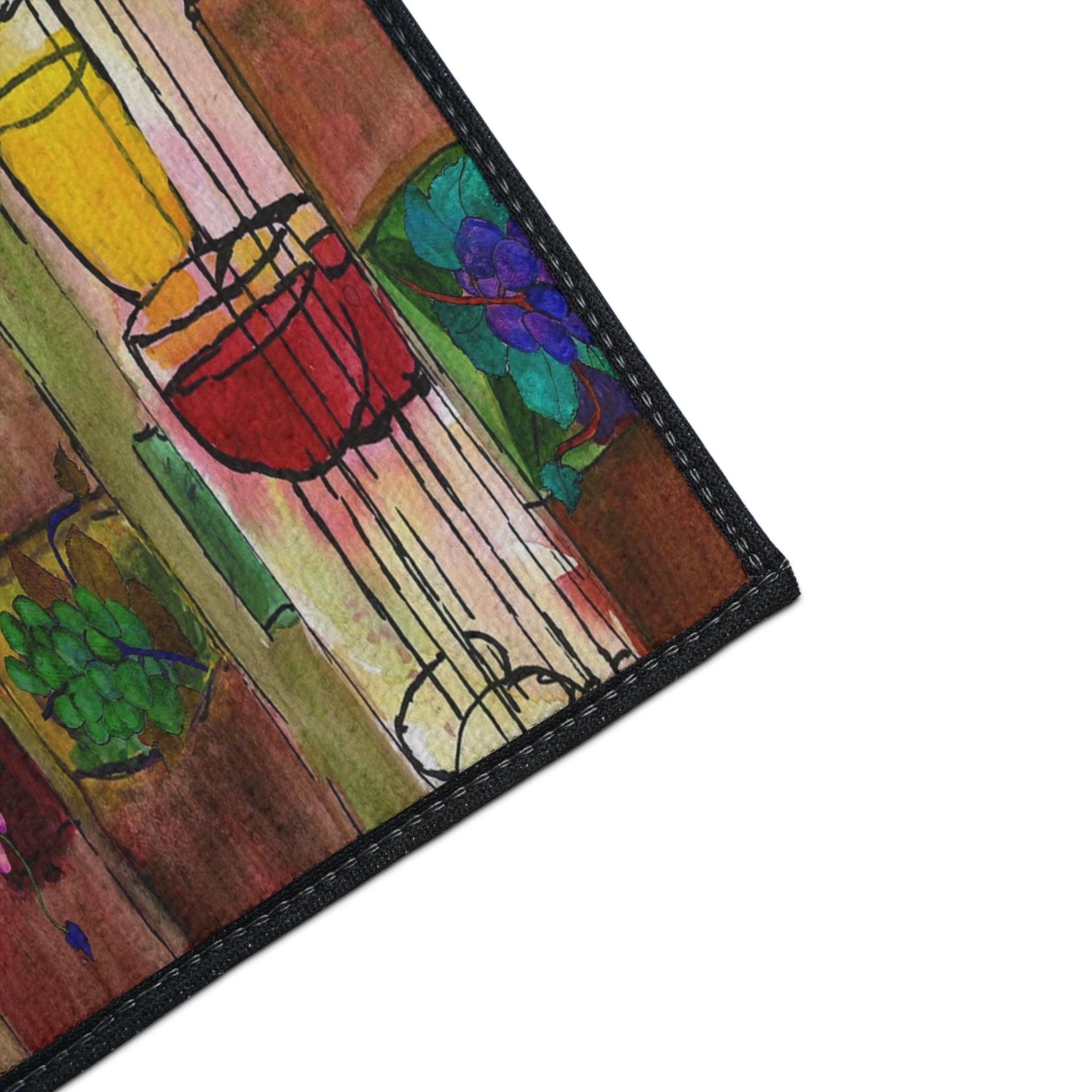 Wine Bottle Art Heavy Duty Floor Mat Vineyard Bar Colorful Grapes & Glasses Entry Rug