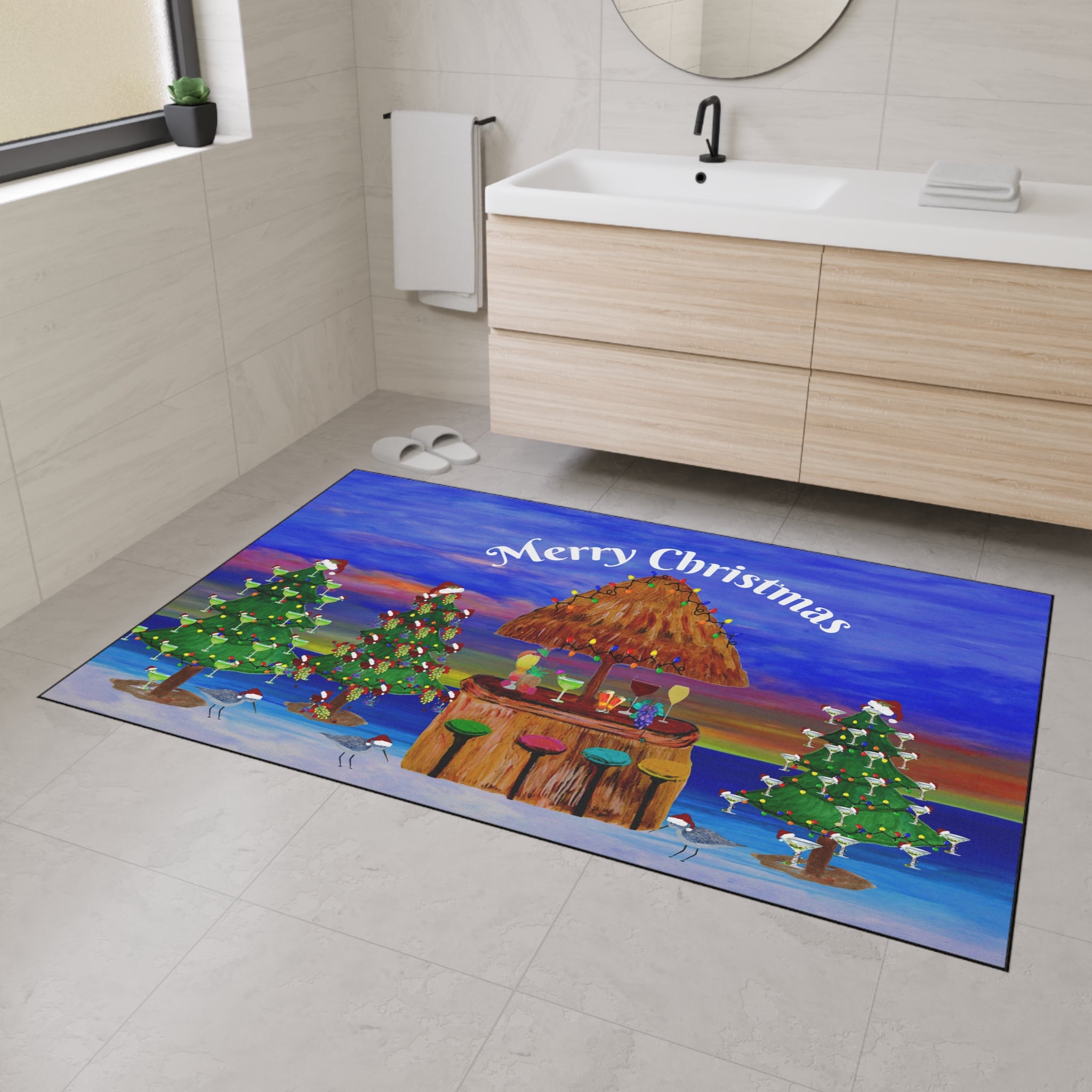 Merry Christmas Tropical Tiki Floor Mat — Heavy Duty Holiday Doormat