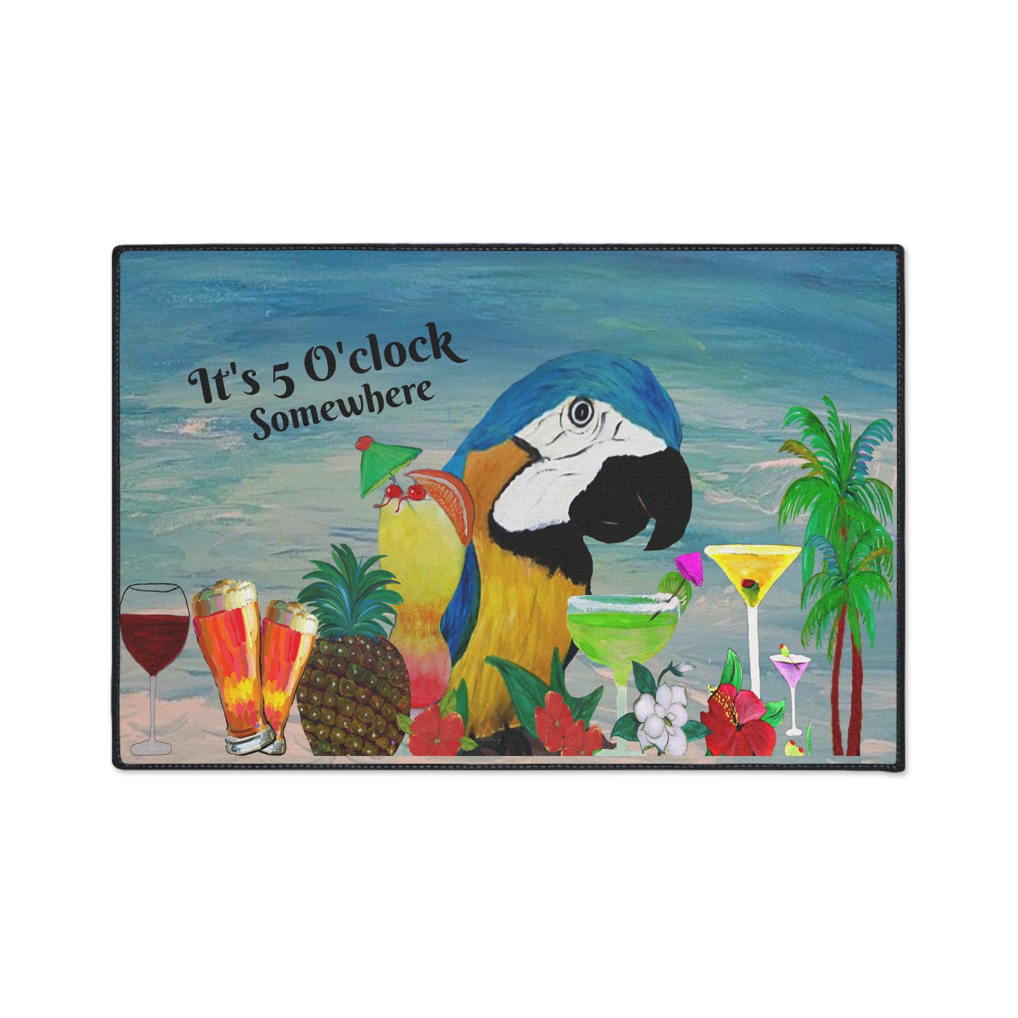 Parrot Bar Heavy Duty Floor Mat — "It's 5 O'Clock Somewhere" Tropical Parrot Drink Mat