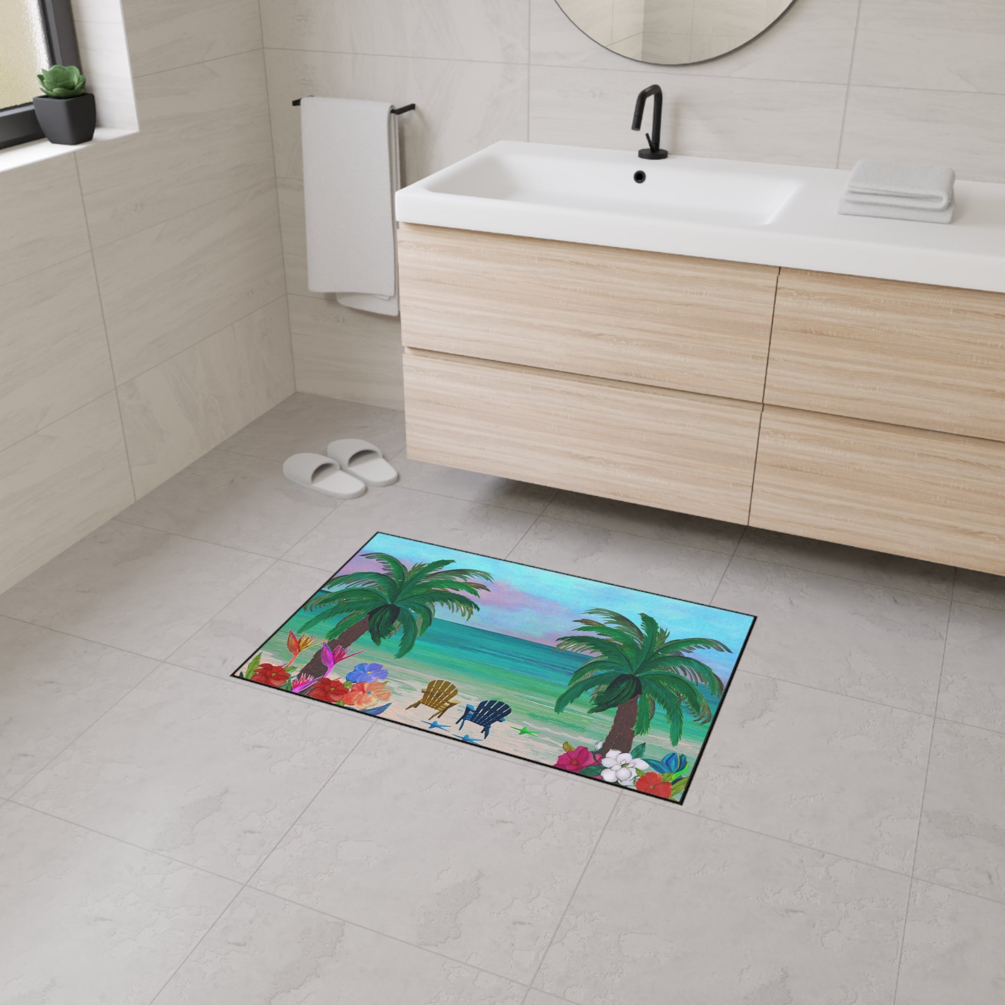 Tropical Beach Floor Mat — Palm Trees, Adirondack Chairs & Floral Welcome Doormat
