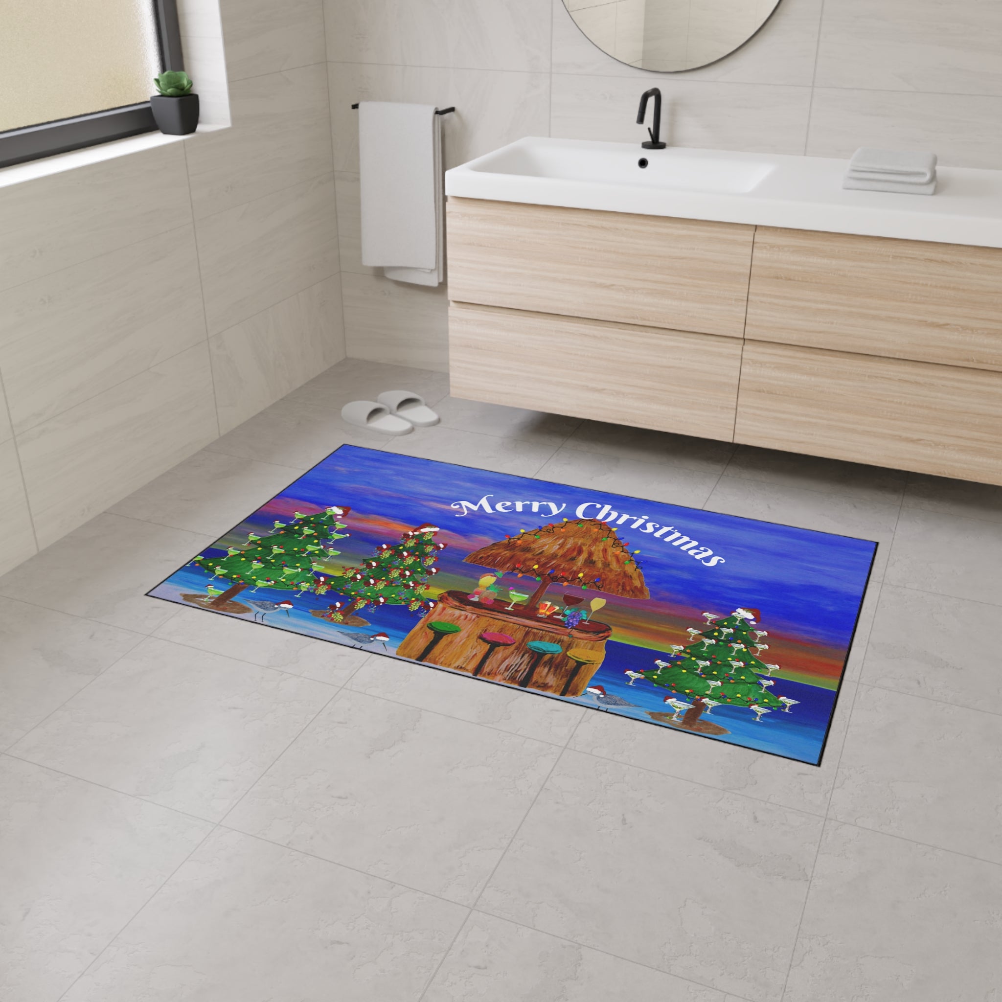 Merry Christmas Tropical Tiki Floor Mat — Heavy Duty Holiday Doormat
