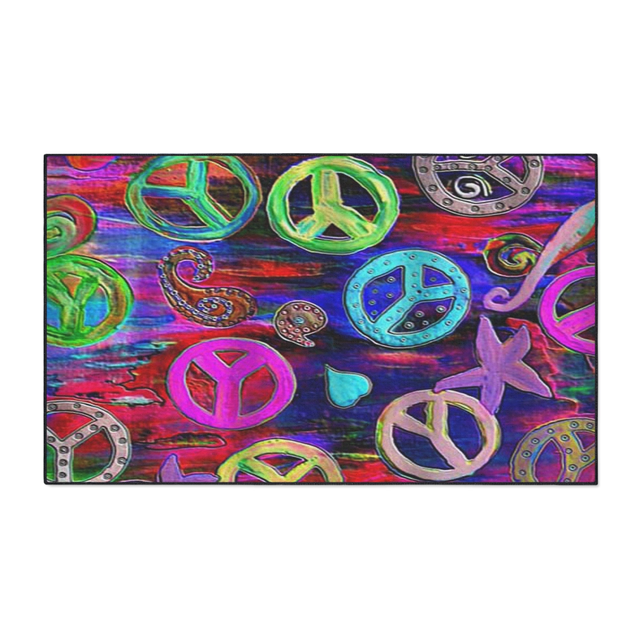 Vibrant Peace Signs Heavy Duty Floor Mat — Colorful Boho Entry Rug