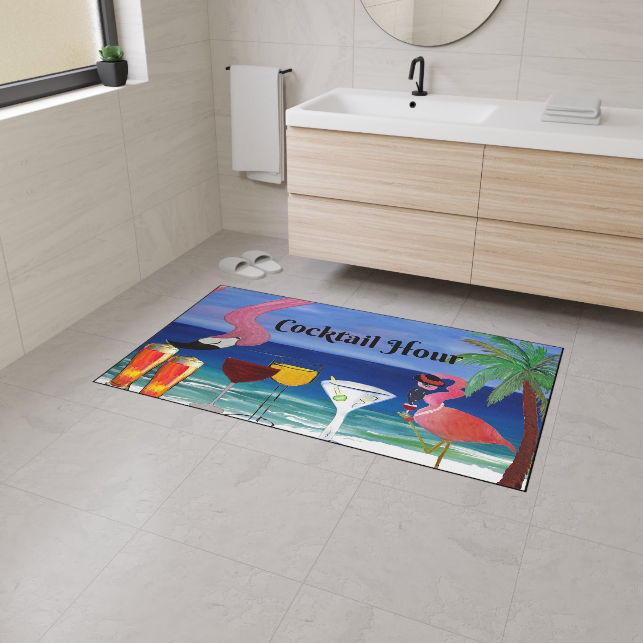 Cocktail Hour Flamingo Floor Mat — Tropical Beach Bar Welcome Mat
