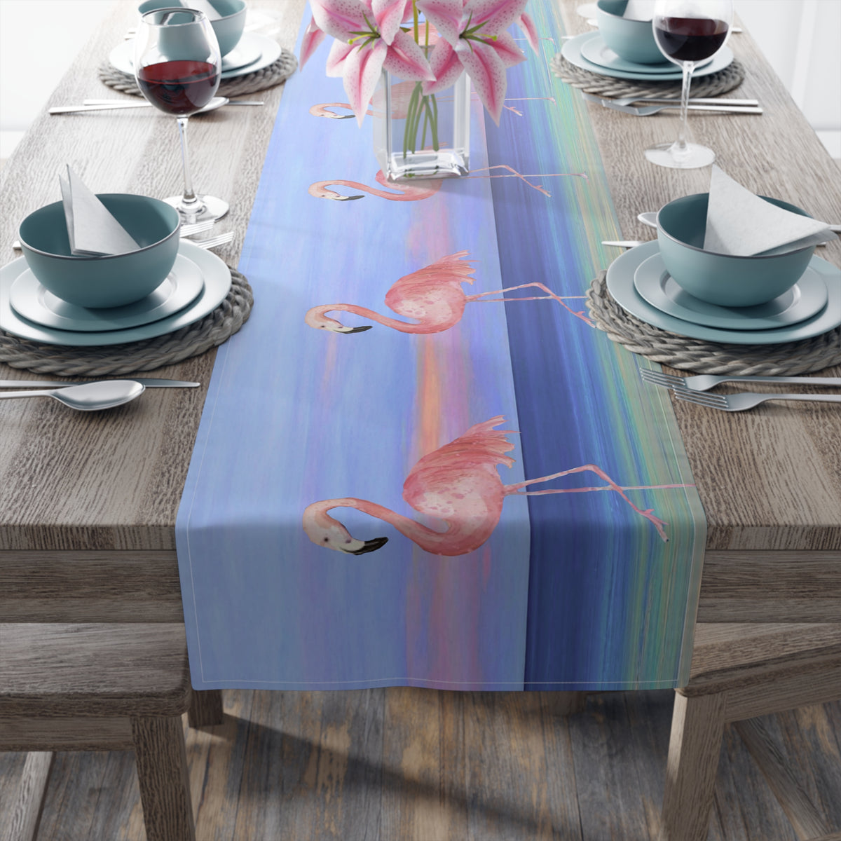 Flamingo Tropical Theme Table Runner — Pastel Beach Coastal Dinner Décor