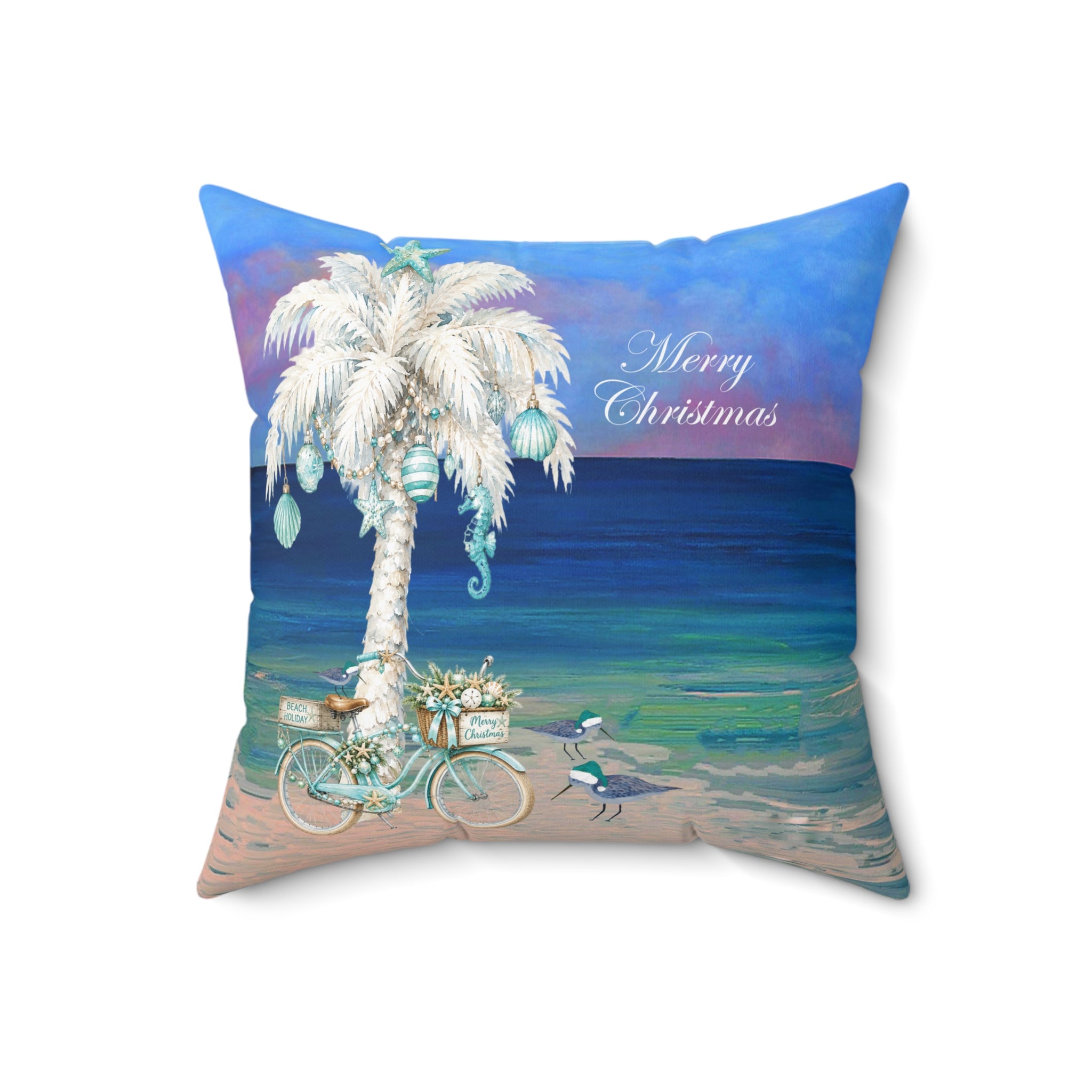 Coastal Christmas Pillow — Beach Palm Tree "Merry Christmas" Throw Pillow