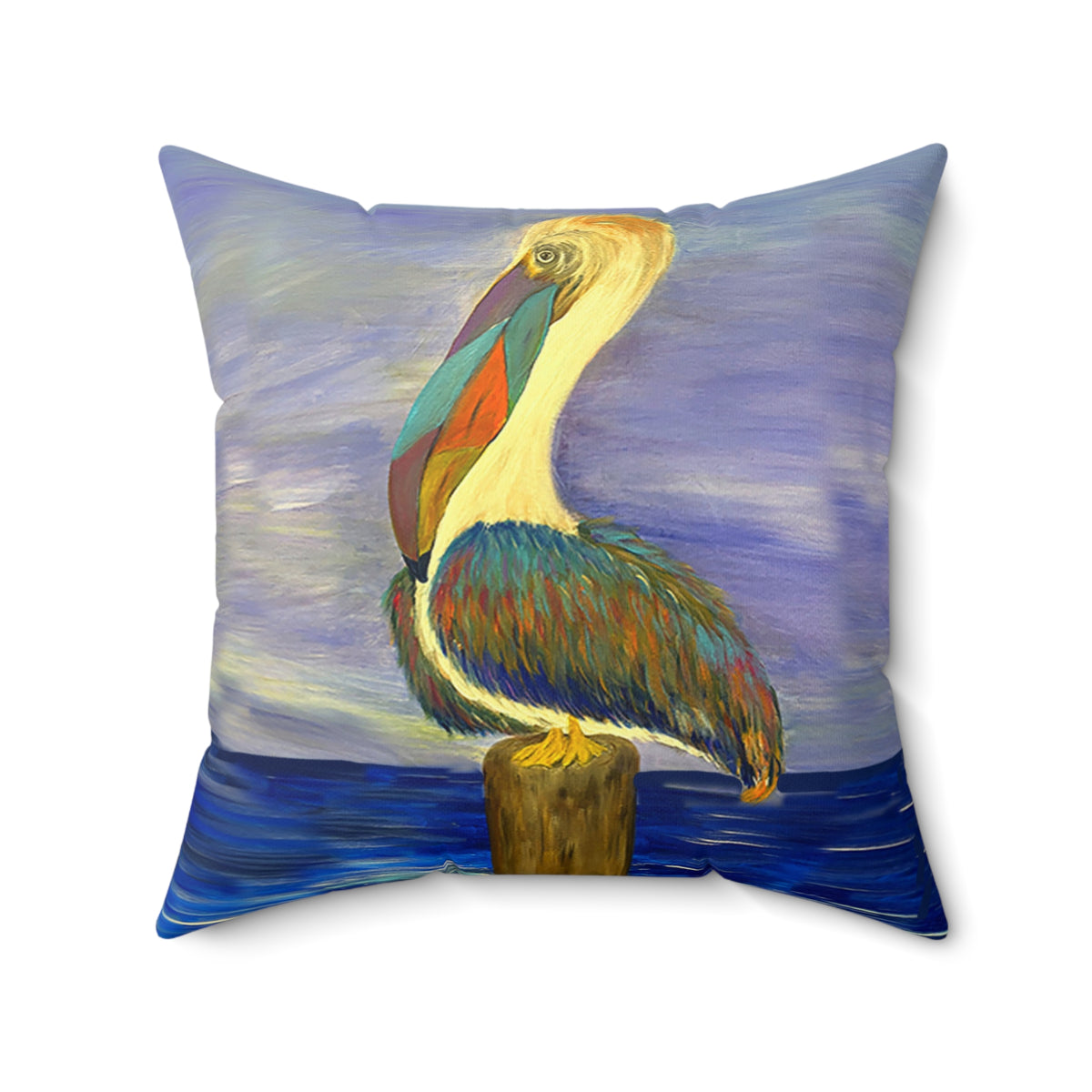 Pelican Art Pillow — Coastal Decorative Throw Pillow with Colorful Pelican Painting