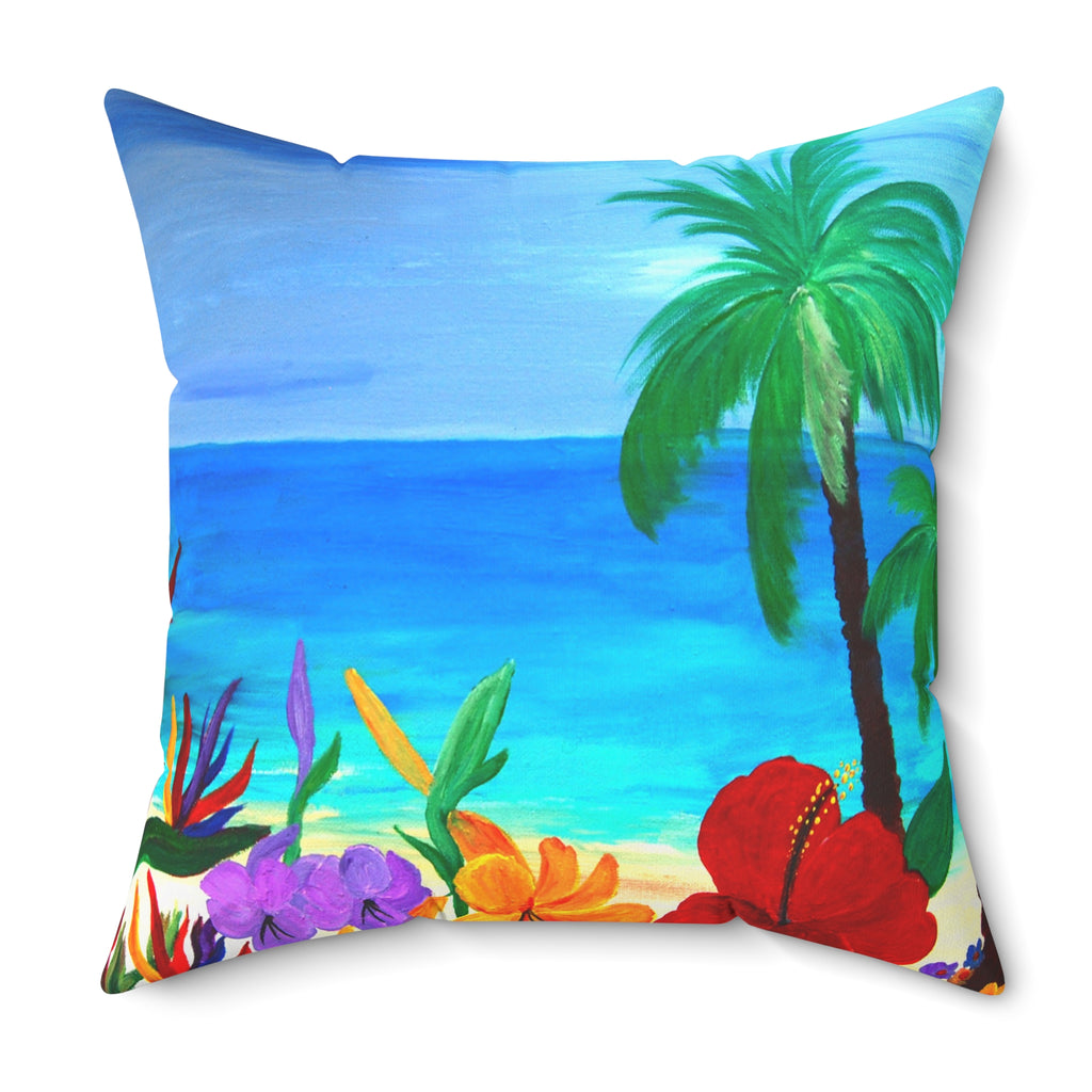 Tropical Beach Pillow - Palm Trees & Hibiscus Decorative Throw