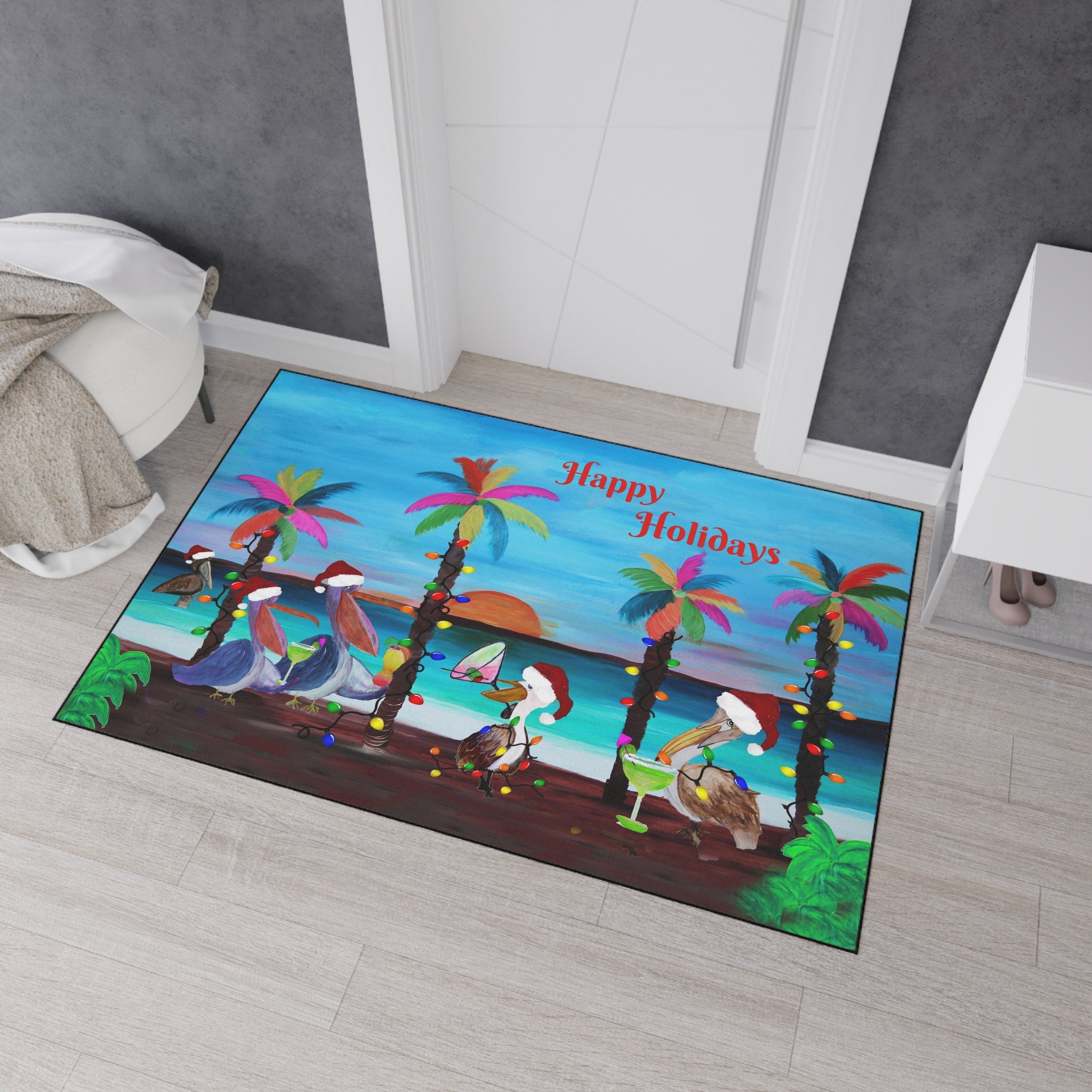 Christmas Pelican Party Cocktails Beach Mat — "Merry Christmas" Holiday Doormat