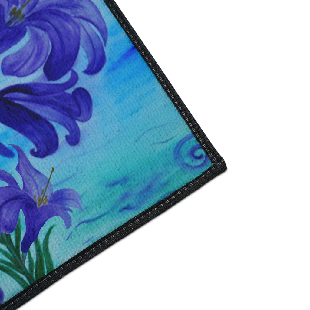 Blue Lily Heavy Duty Floor Mat — Waterproof Floral Entryway Rug