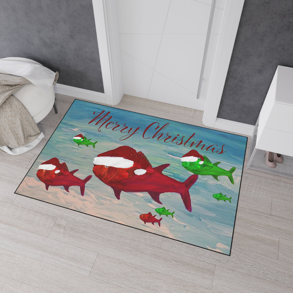 Christmas Fish Floor Mat — Merry Christmas Santa Hat Fish Holiday Door Mat