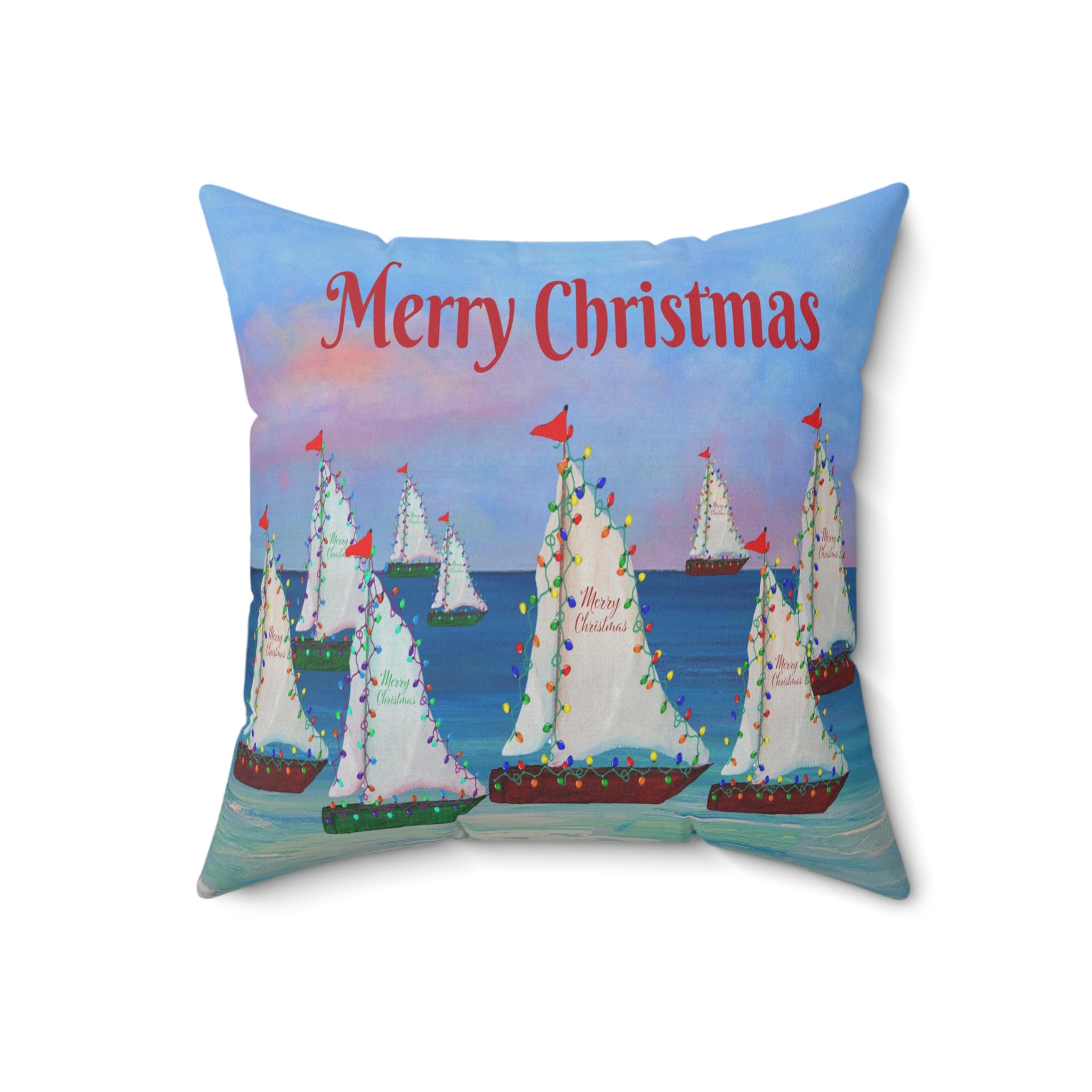 Merry Christmas Sailboat Pillow — Coastal Holiday Decorative Throw Pillow