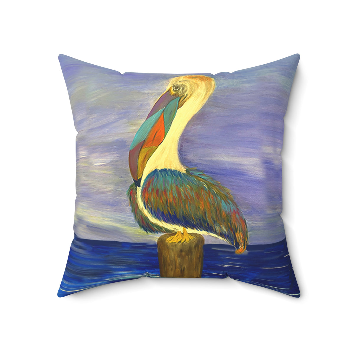 Pelican Art Pillow — Coastal Decorative Throw Pillow with Colorful Pelican Painting