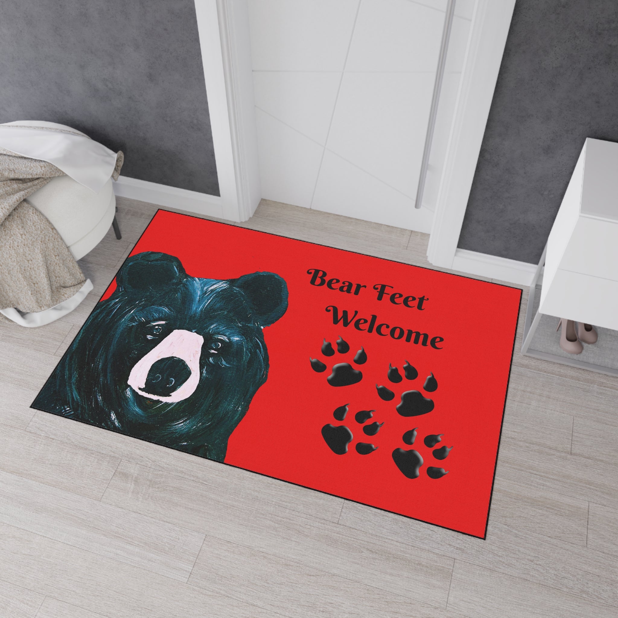 Bear Feet Welcome Heavy-Duty Floor Mat — Red Cabin Doormat with Bear Paw Prints