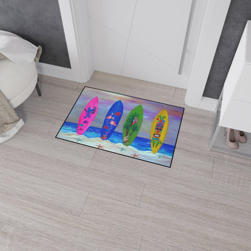 Tropical Surfboard Beach Mat — Heavy Duty Floor Mat with Colorful Surf Art