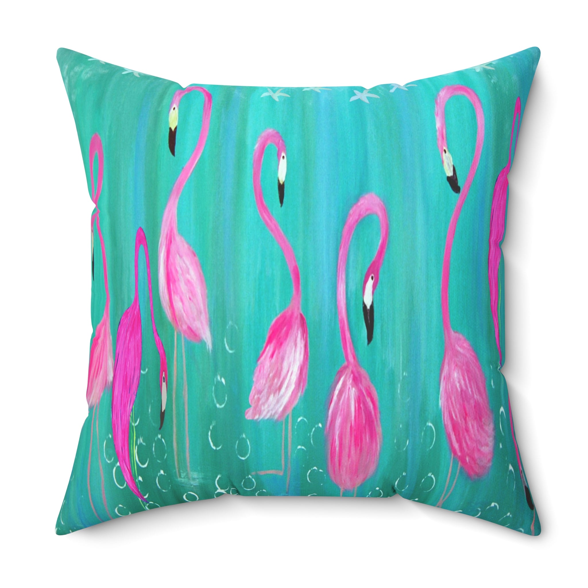 Flamingo Pattern Pillow — Tropical Pink Flamingos on Teal Square Pillow