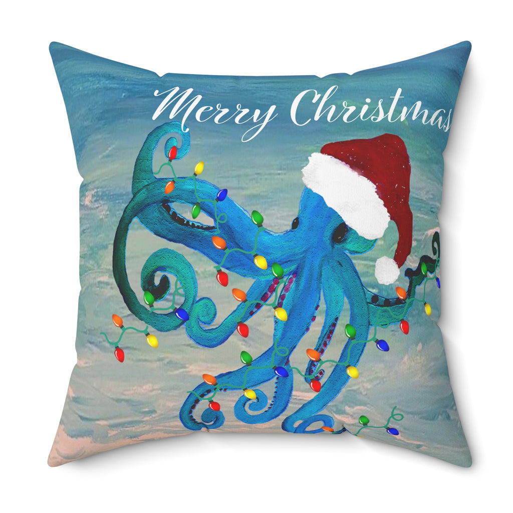 Merry Christmas Octopus Pillow — Festive Santa Hat Sea Creature Throw Pillow