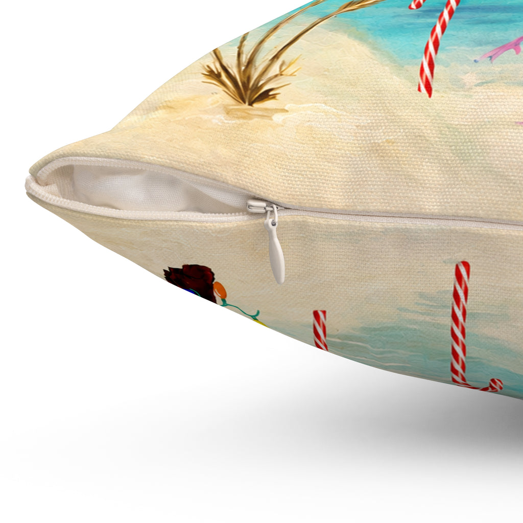 Christmas Flamingo Candy Canes Beach Pillow — Merry Christmas Tropical Holiday Throw Pillow
