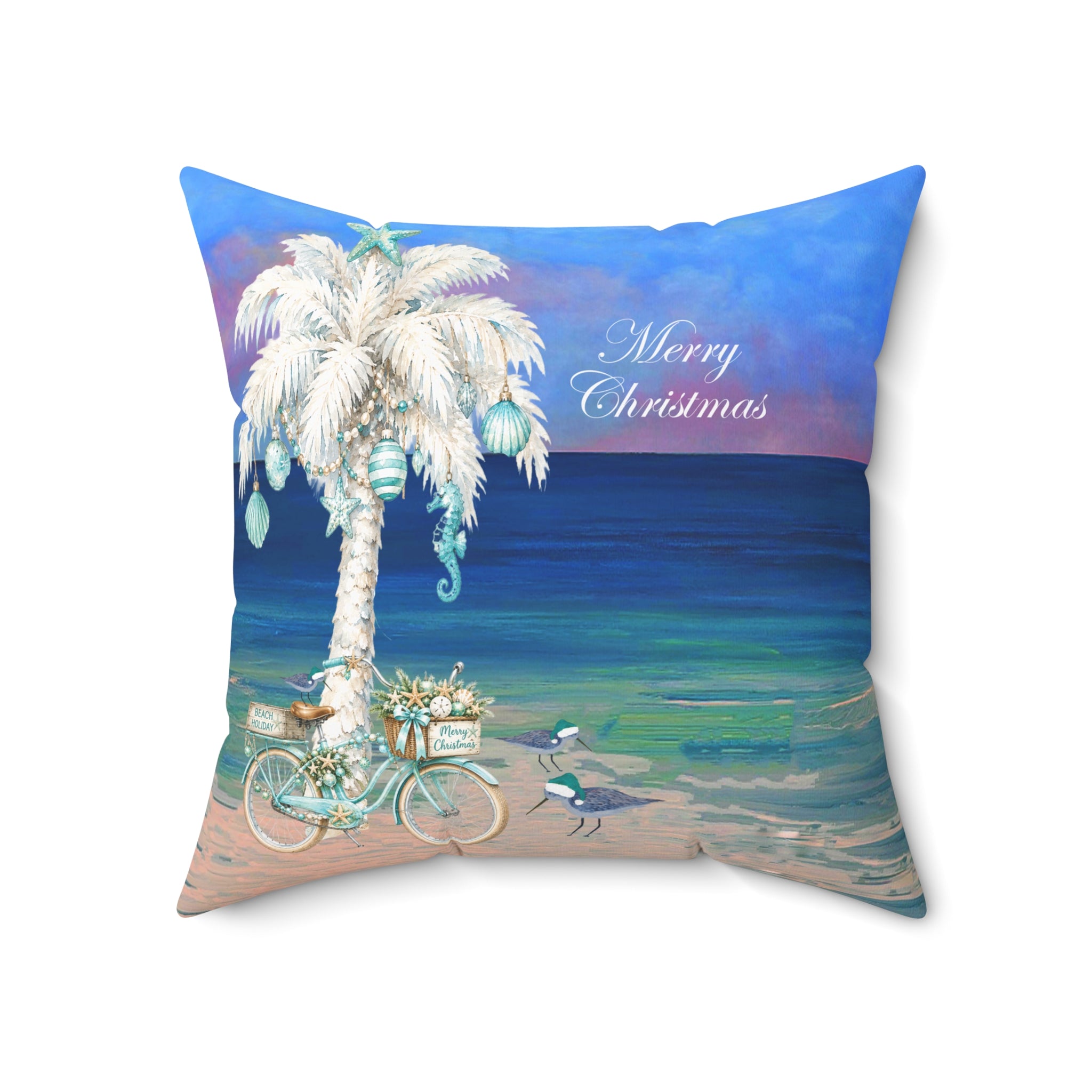 Coastal Christmas Pillow — Beach Palm Tree "Merry Christmas" Throw Pillow