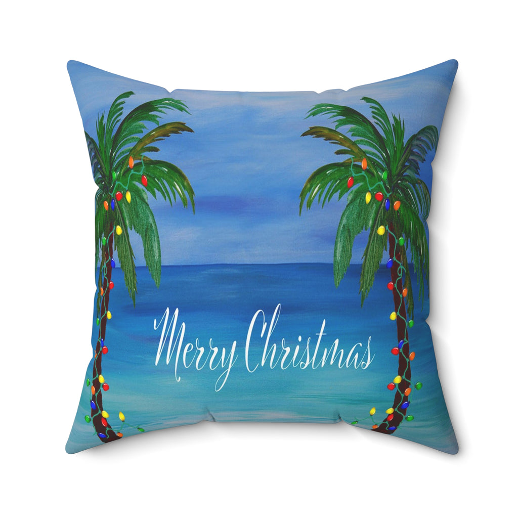 Merry Christmas Tropical Pillow — Palm Trees & Beach Holiday Throw Pillow