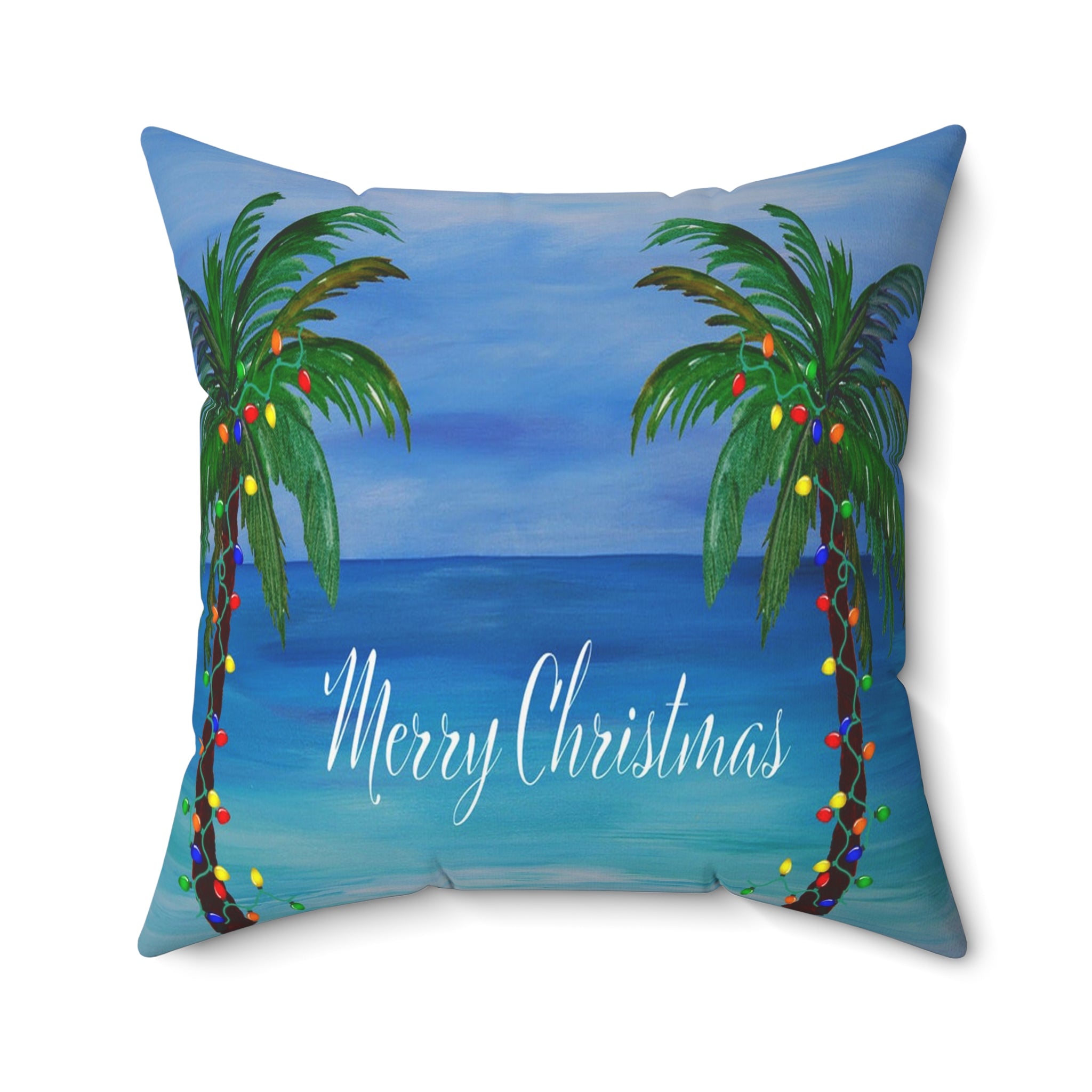 Merry Christmas Tropical Pillow — Palm Trees & Beach Holiday Throw Pillow