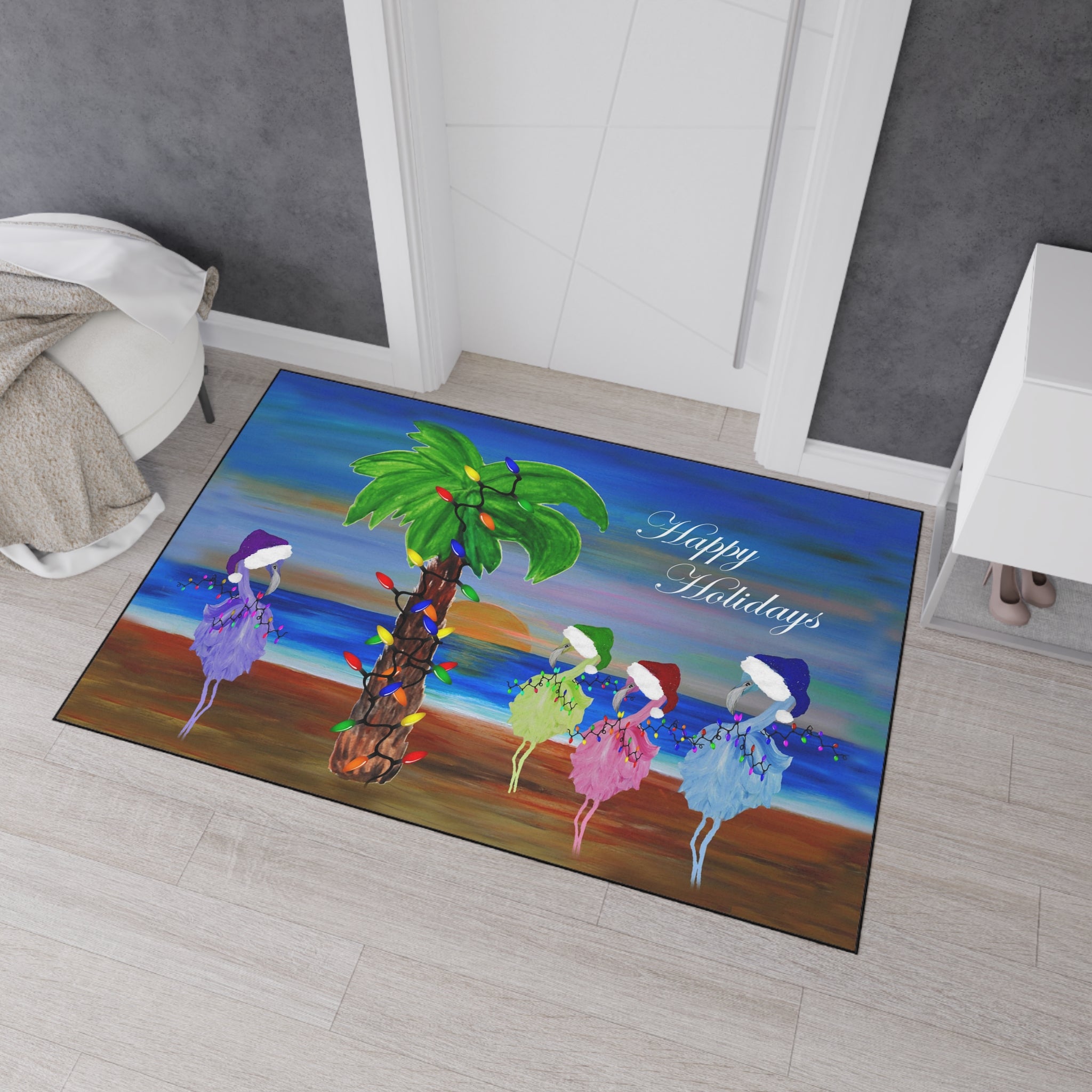 Holiday Beach Floor Mat — "Happy Holidays" Palm Tree & Carolers Doormat