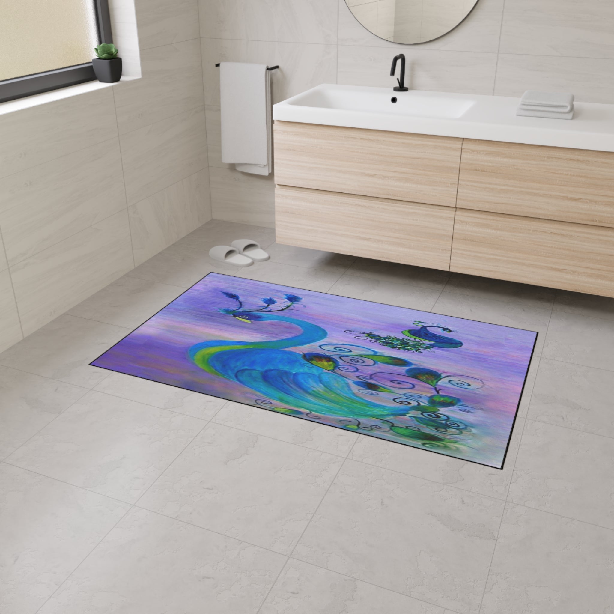Peacock Art Heavy-Duty Floor Mat — Watercolor Blue & Purple Entry Rug