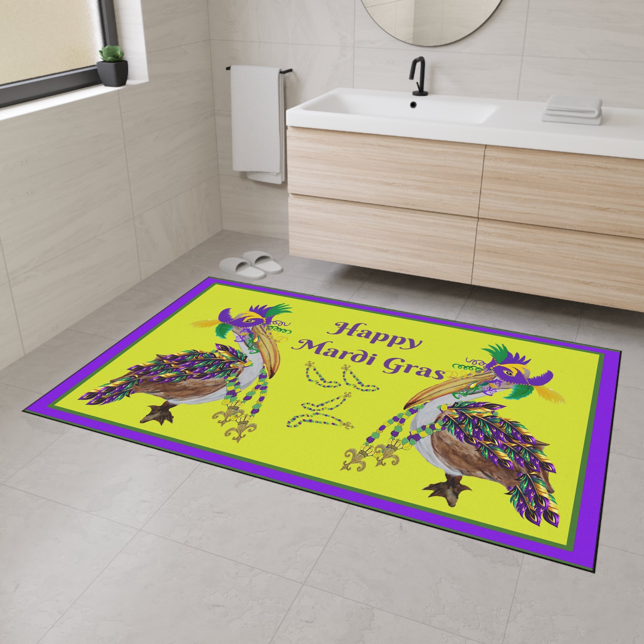 Pelican Mardi Gras adorned in beach home decor Heavy Duty Floor Mat rug
