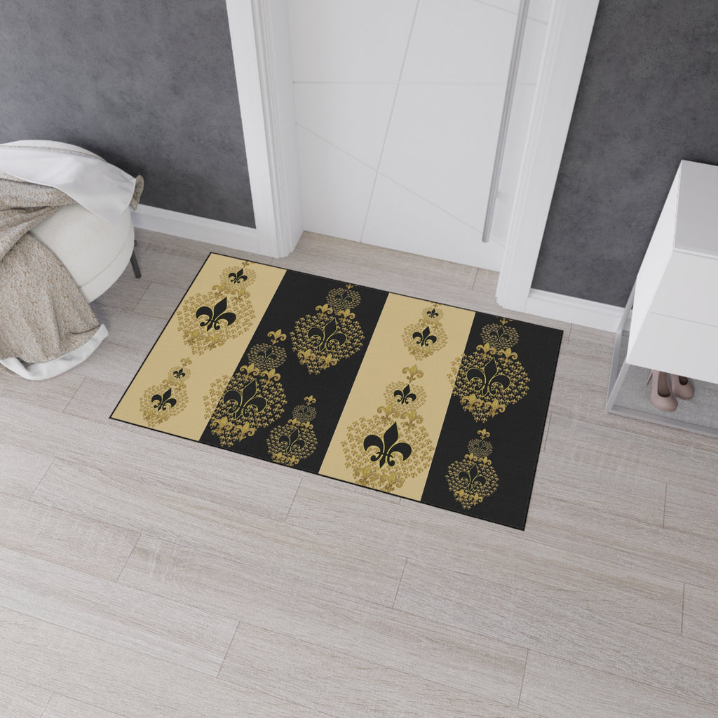 Fleur-de-Lis Heavy Duty Floor Mat — Black & Gold Decorative Entry Rug
