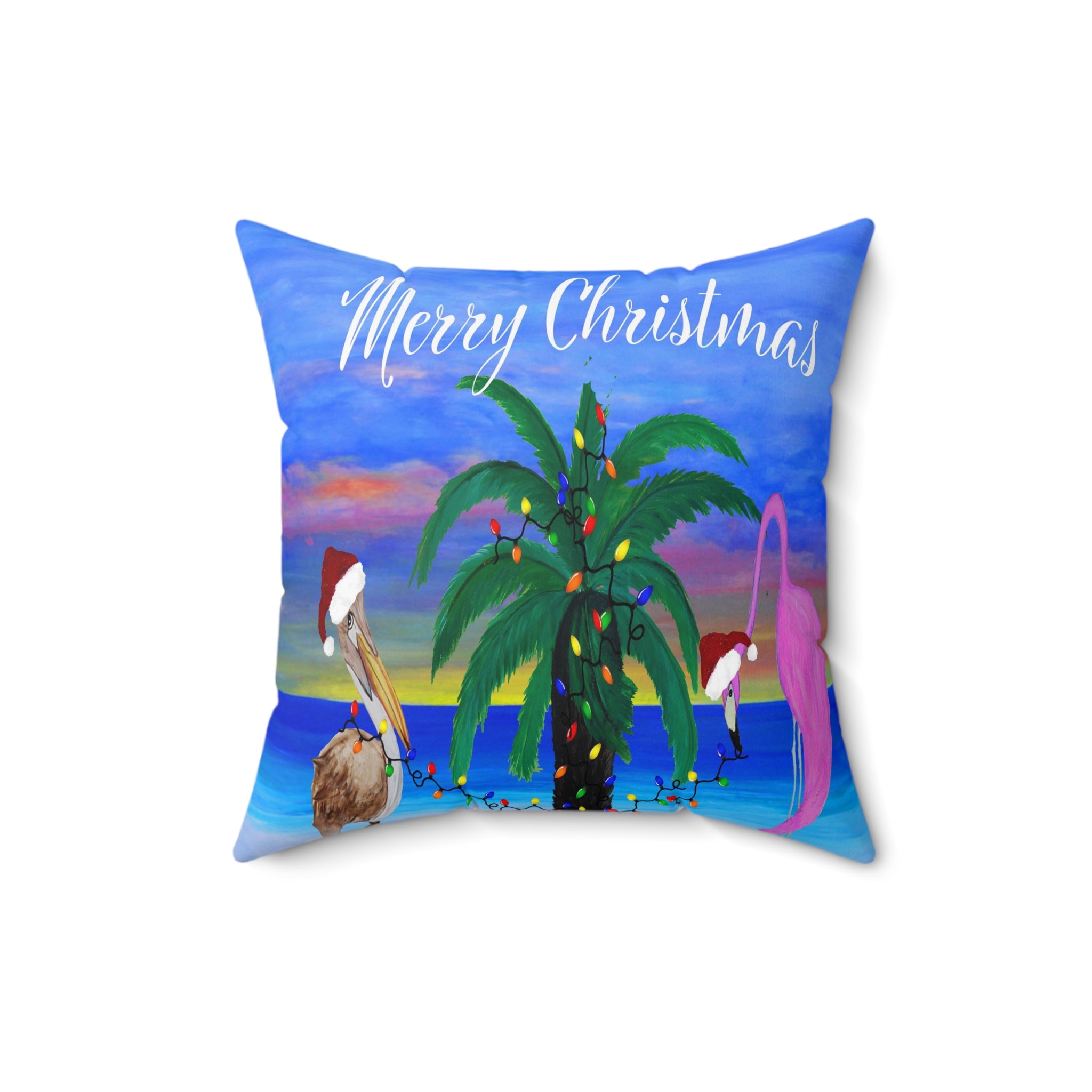Christmas pelican and flamingo Santas trim a palm tree Holiday lights Spun Polyester Square Pillow