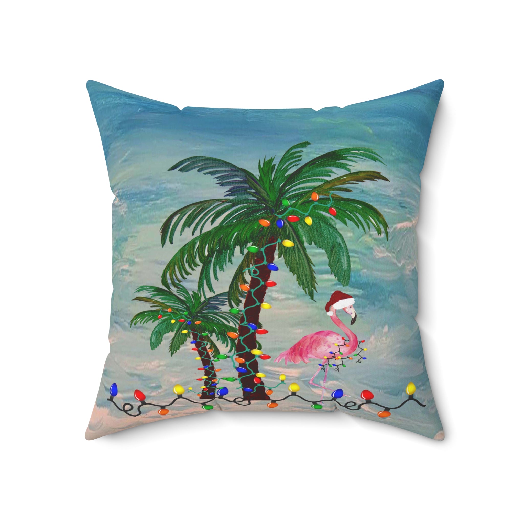 Tropical Christmas Palm Pillow — Flamingo with Holiday Lights