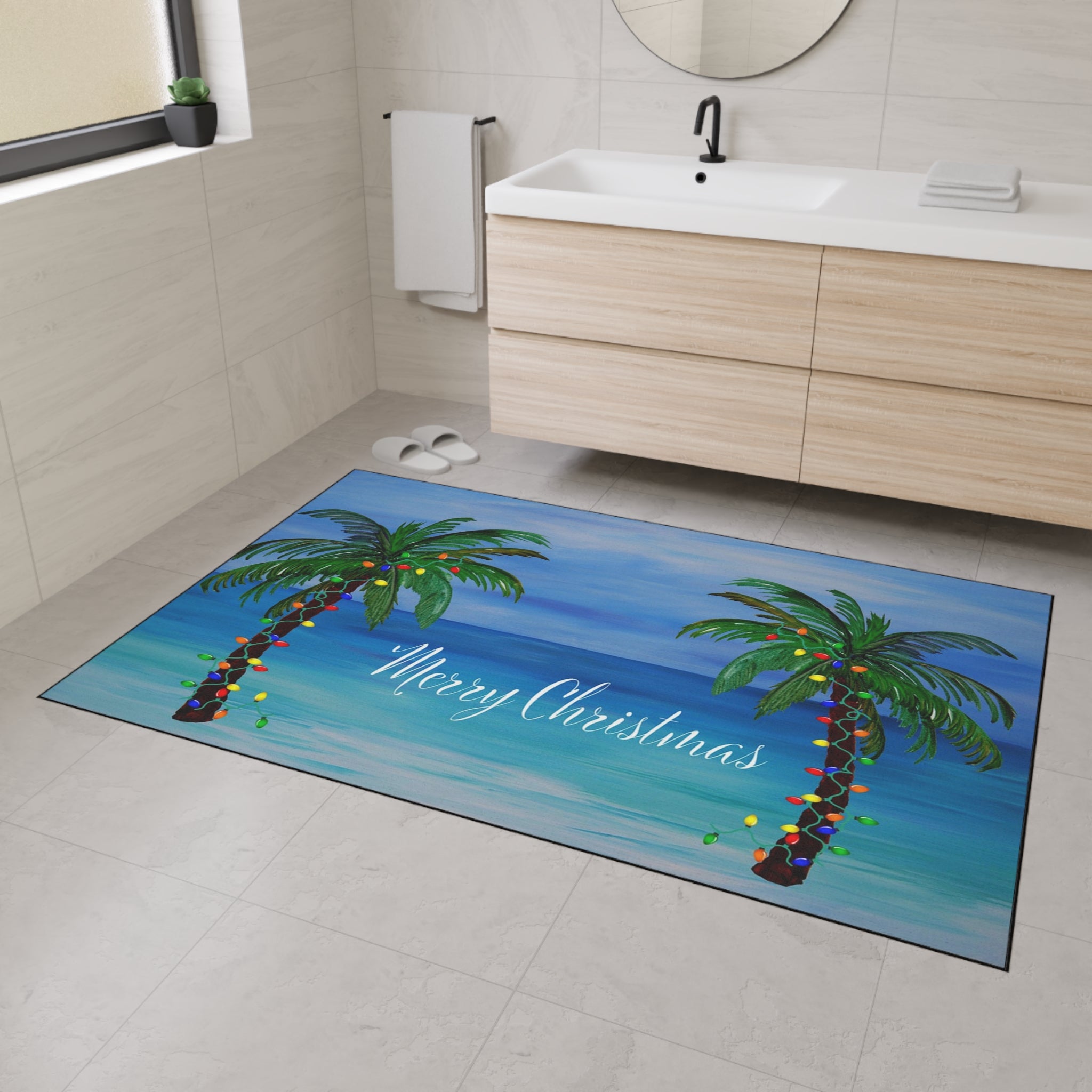 Merry Christmas Tropical Palm Doormat — Heavy Duty Holiday Floor Mat