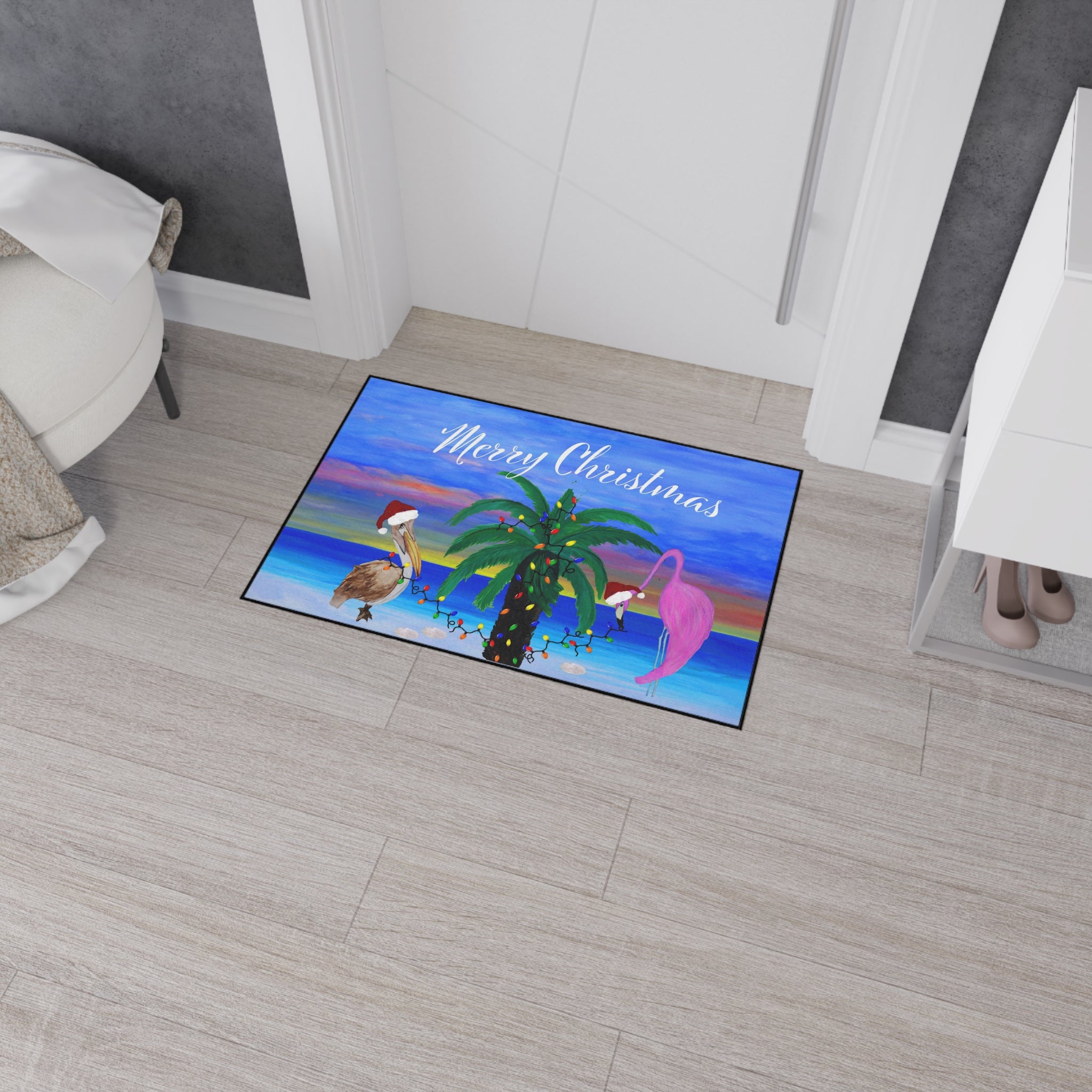 Christmas Beach Floor Mat – 'Merry Christmas' Palm Tree with Pelican & Flamingo Holiday Doormat
