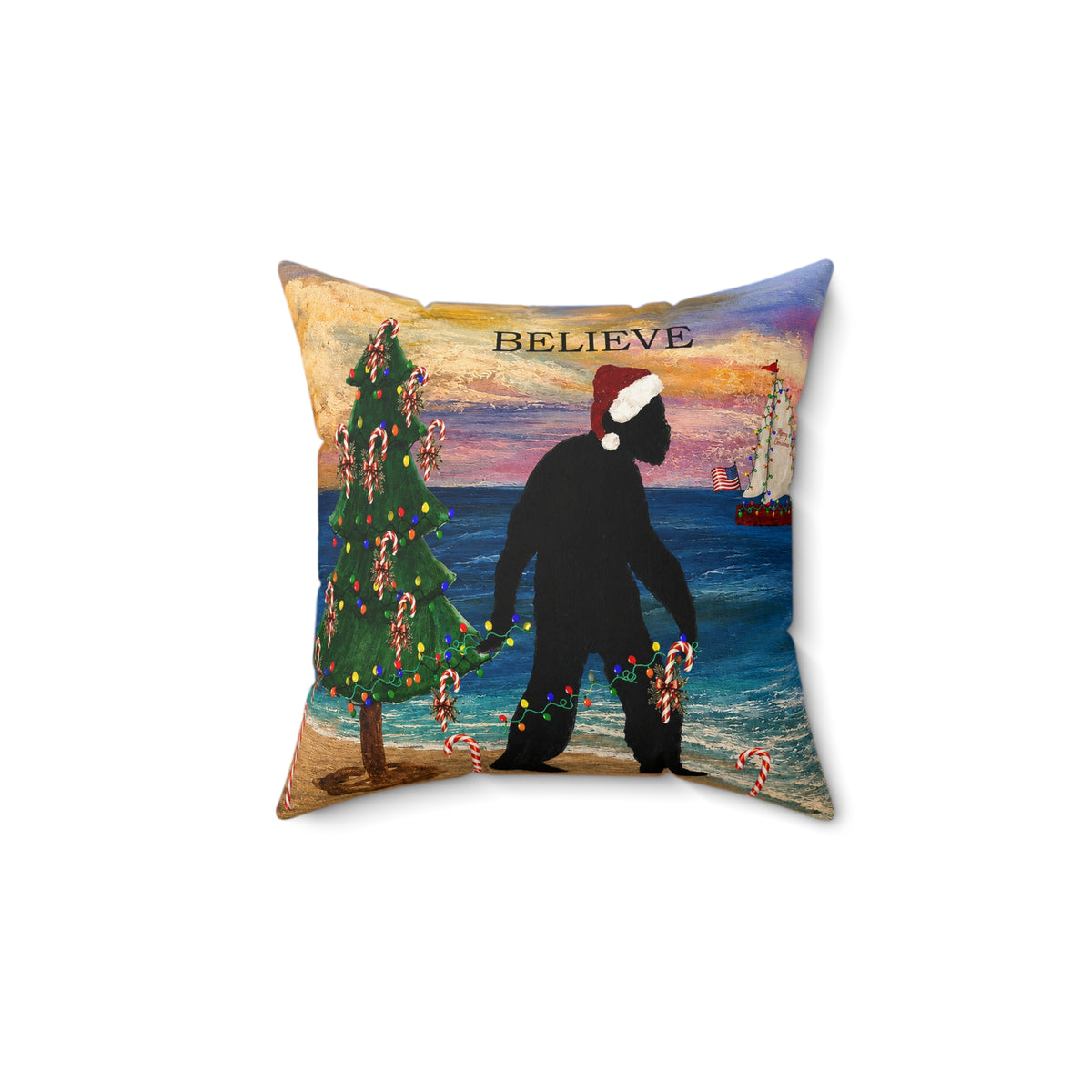 Believe Bigfoot Funny Nautical Holiday Christmas Throw Pillow