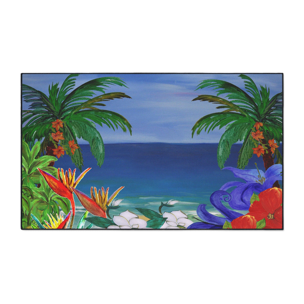 Tropical Beach Floor Mat — Heavy-Duty Outdoor/Indoor Doormat with Palm Trees & Floral Design