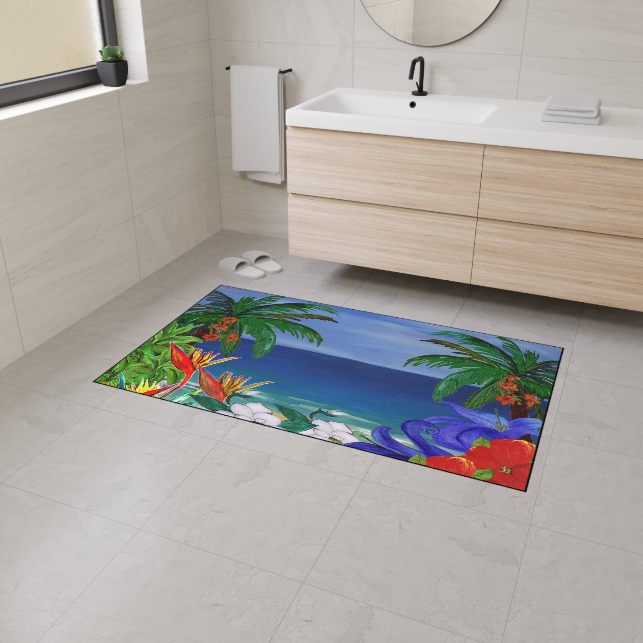 Tropical Beach Floor Mat — Heavy-Duty Outdoor/Indoor Doormat with Palm Trees & Floral Design