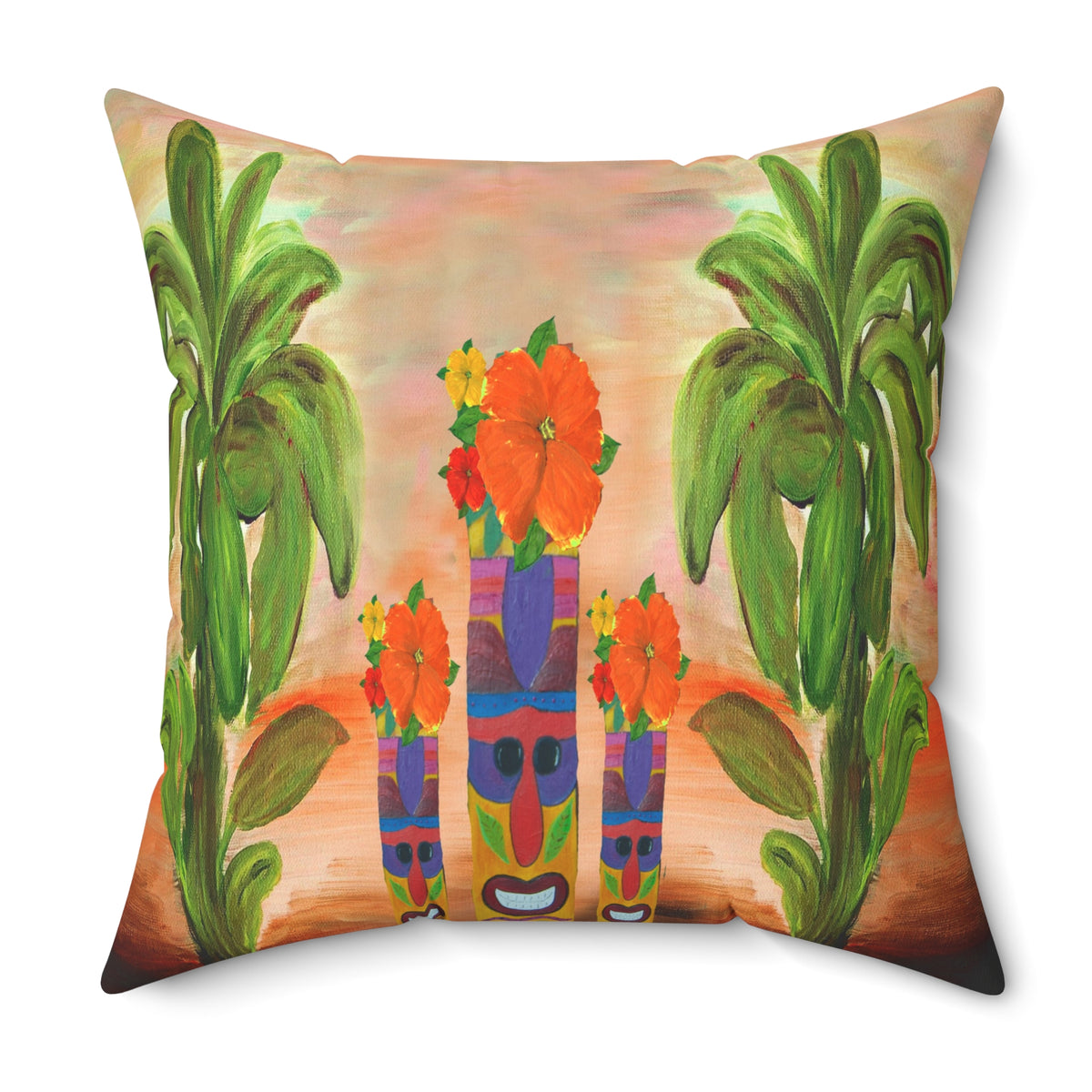 Tropical Tiki Flower Square Pillow — Tiki Man Totem Palm Throw