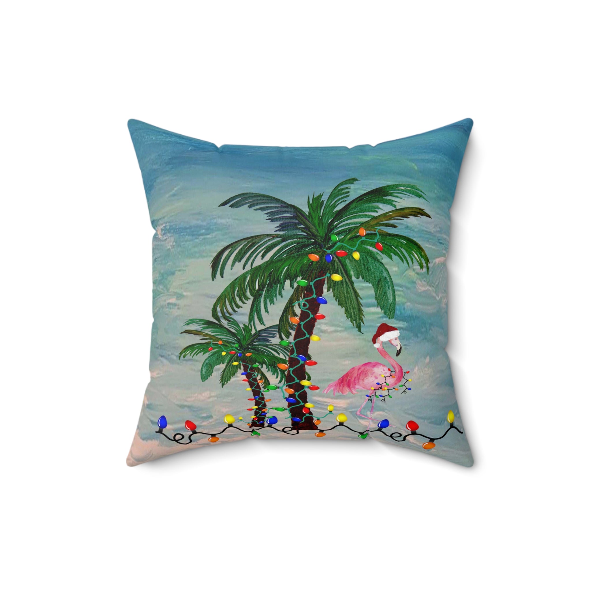 Tropical Christmas Palm Pillow — Flamingo with Holiday Lights