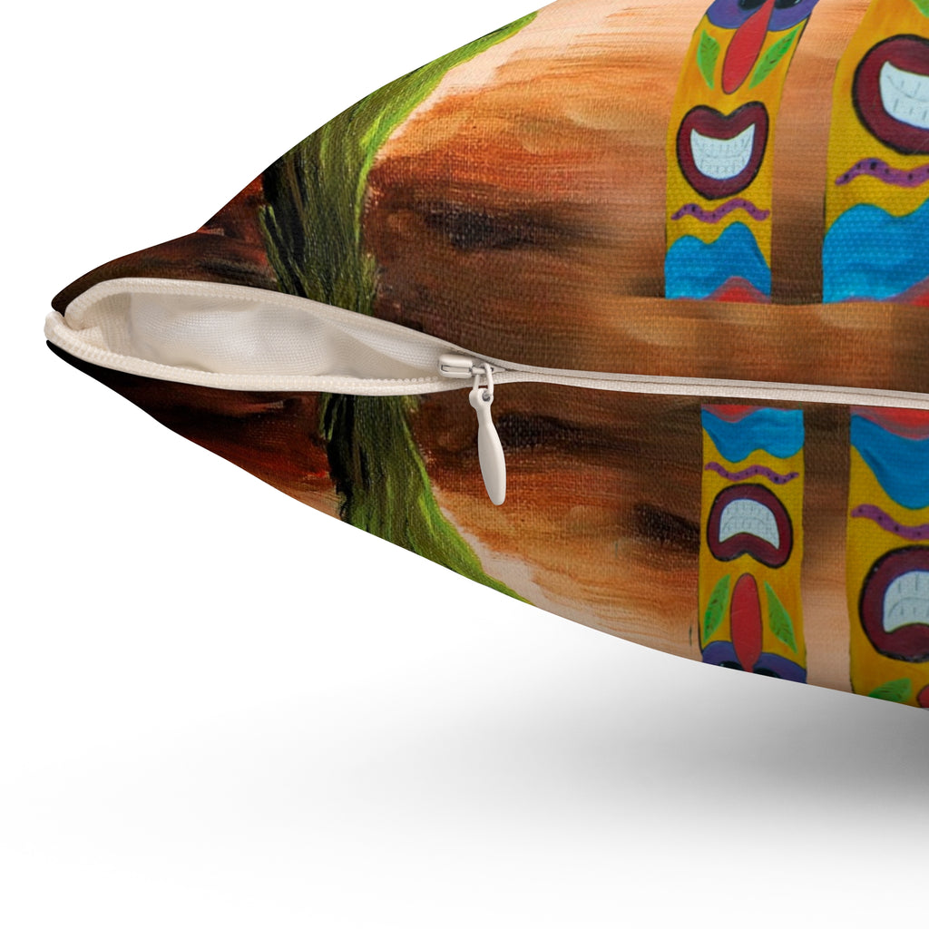 Tropical Tiki Flower Square Pillow — Tiki Man Totem Palm Throw