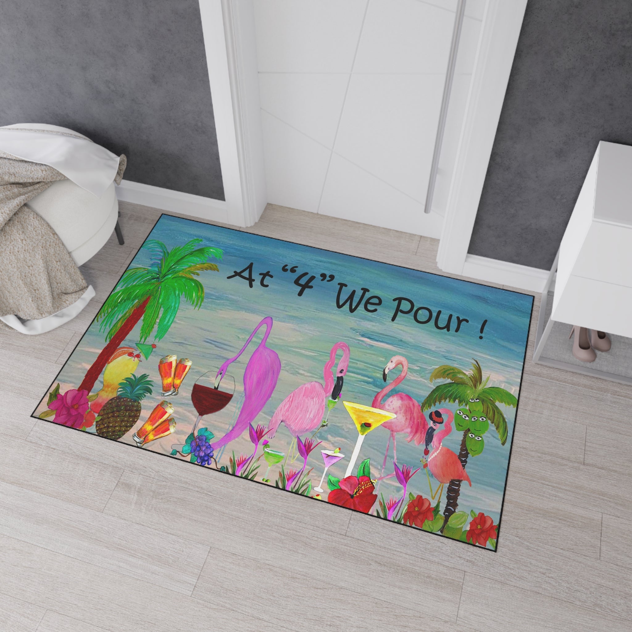 Tropical Flamingo Cocktails Doormat — "At '4' We Pour!" Heavy Duty Floor Mat