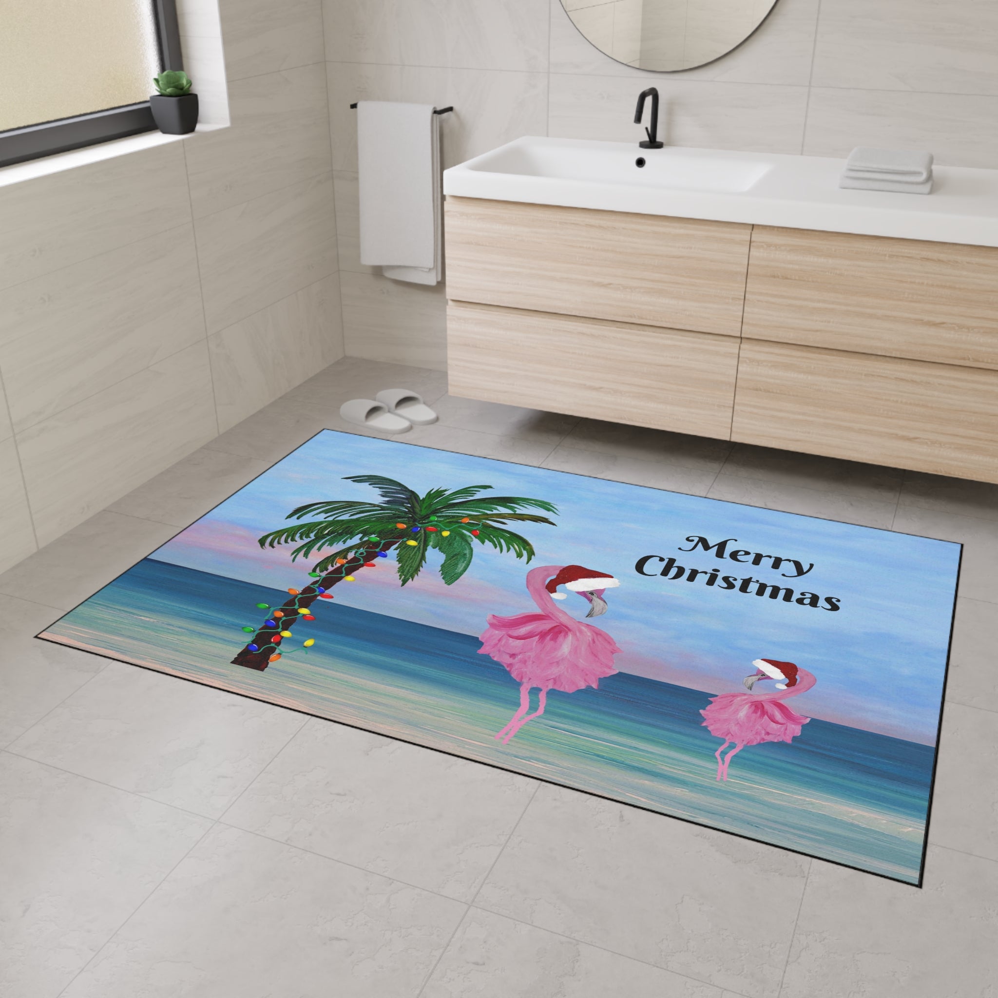 Christmas Beach Floor Mat — "Merry Christmas" Palm & Flamingo Holiday Doormat