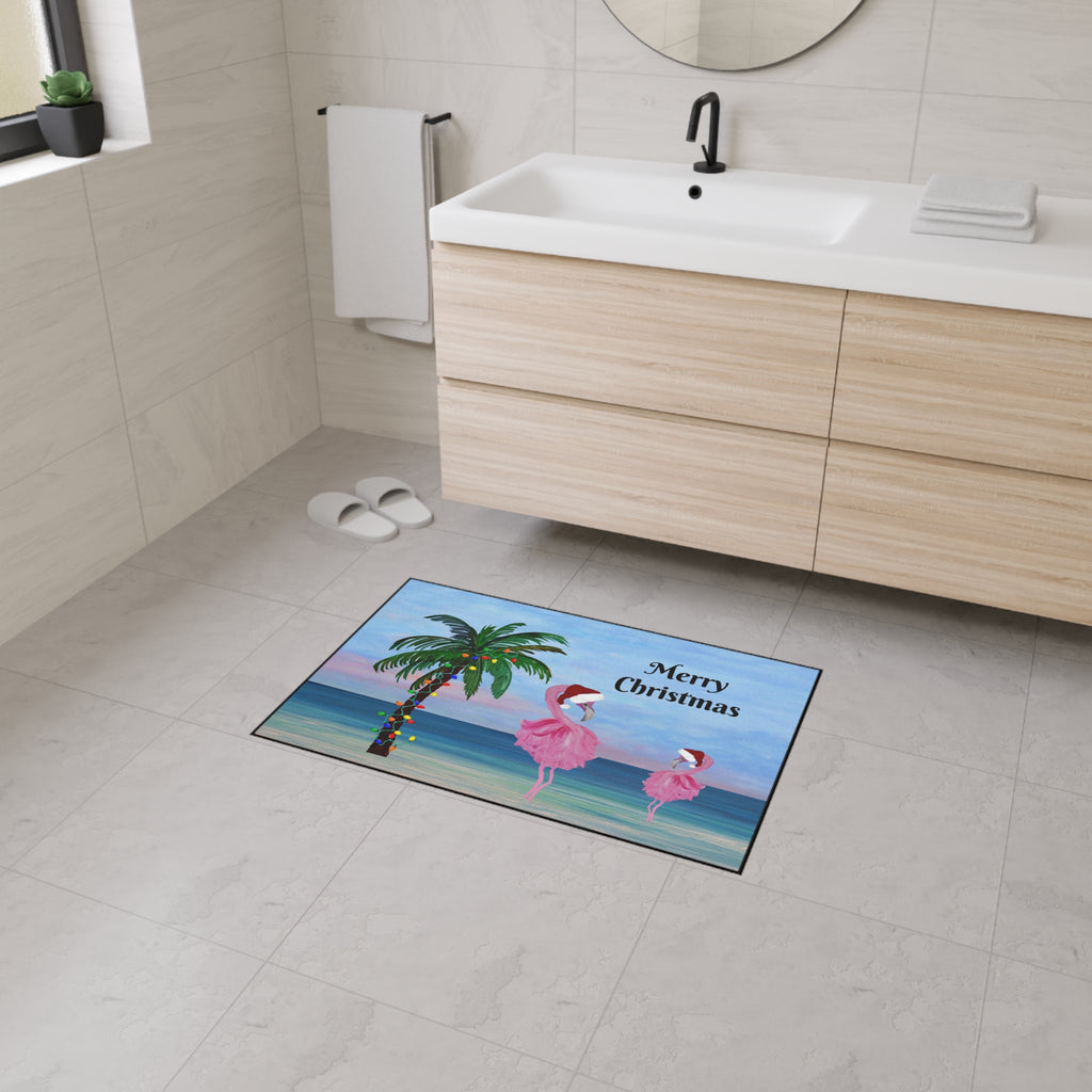 Christmas Beach Floor Mat — "Merry Christmas" Palm & Flamingo Holiday Doormat